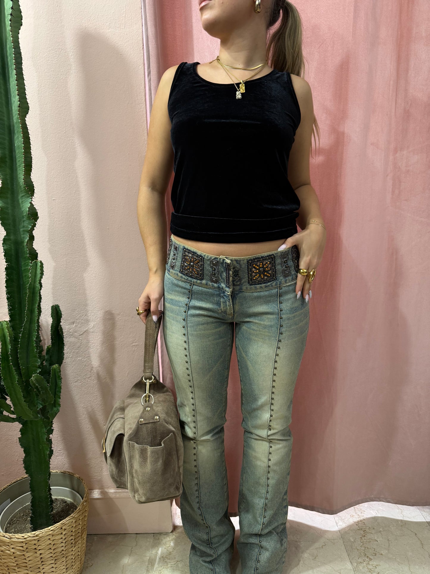 Jeans y2k vita bassa con ricami