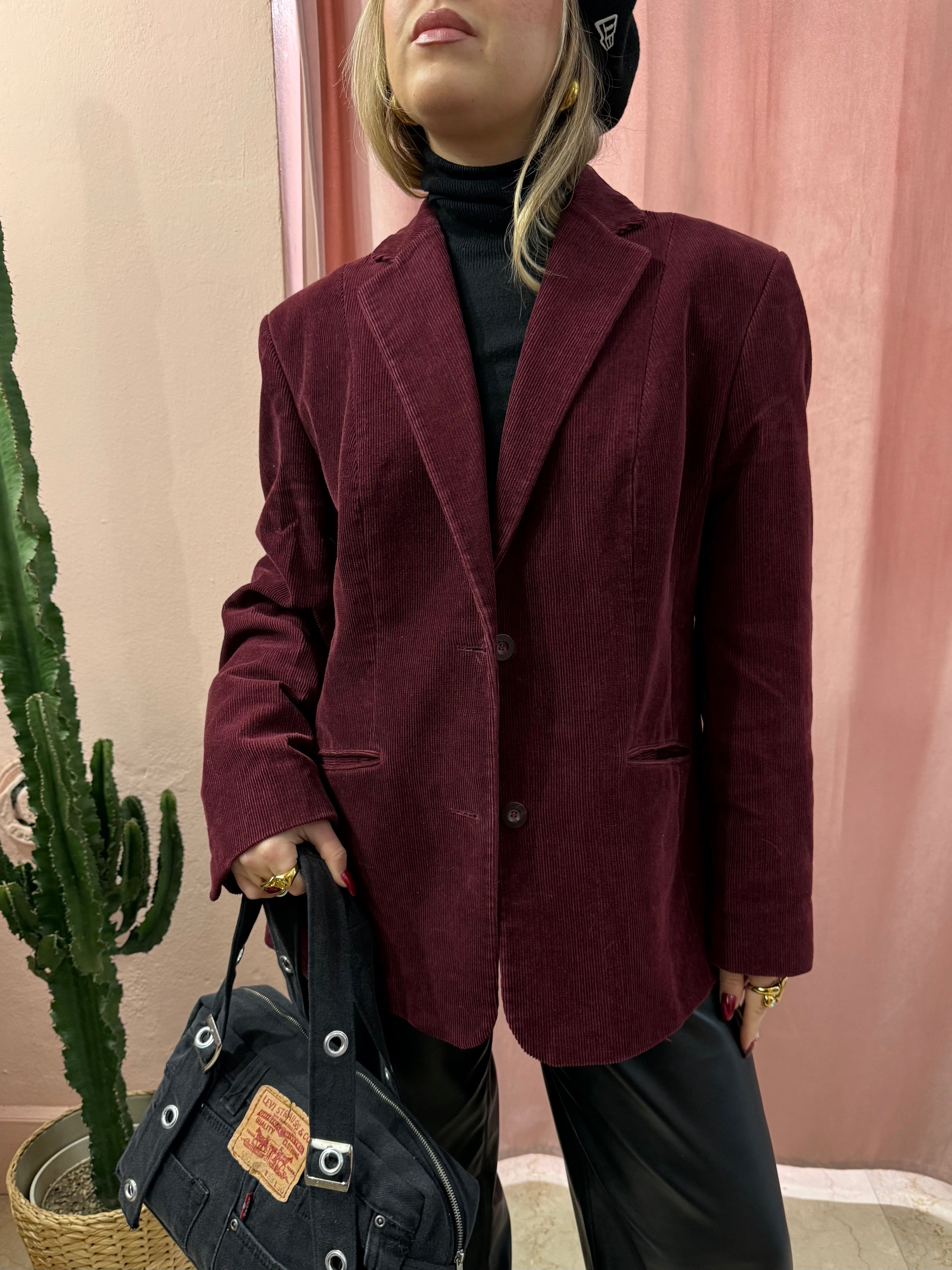Blazer vintage in velluto a costine bordeaux