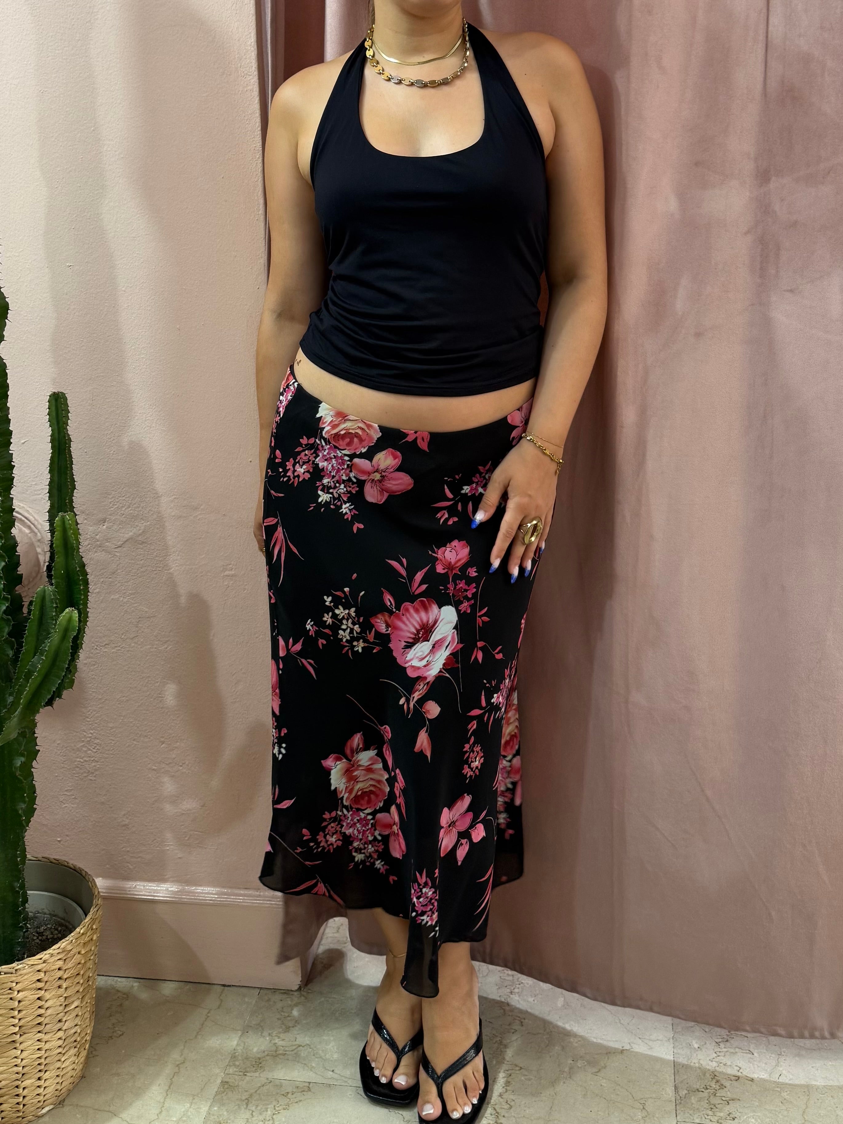 Gonna midi nera fantasia fiori rosa