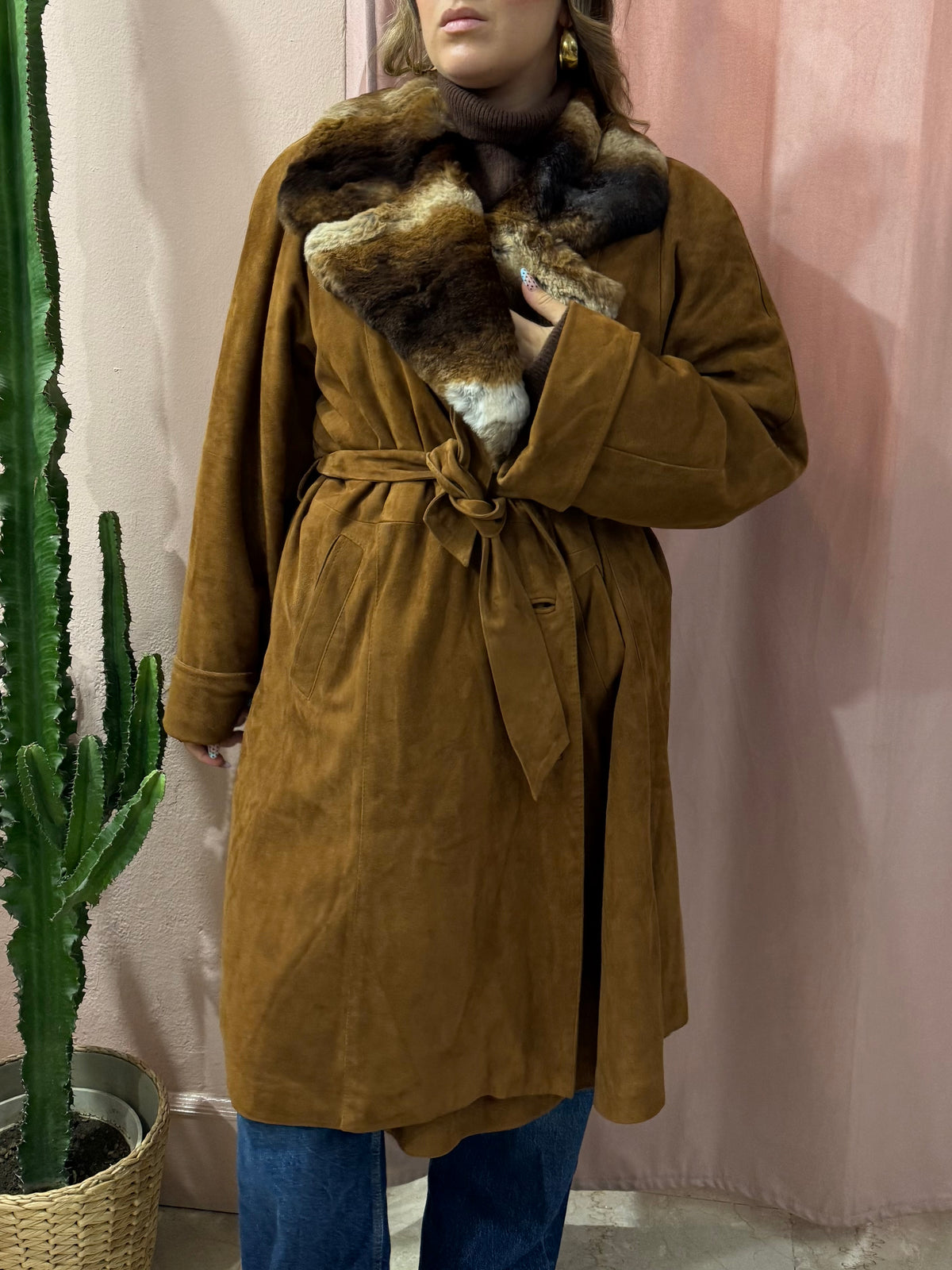Cappotto trench in vera pelle con pelliccia