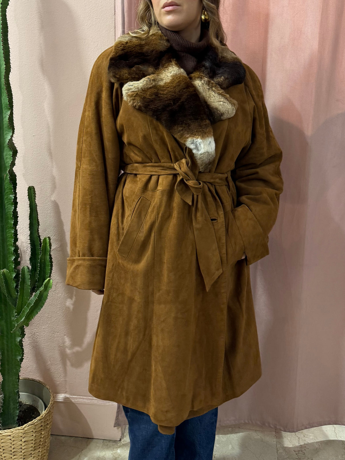 Cappotto trench in vera pelle con pelliccia