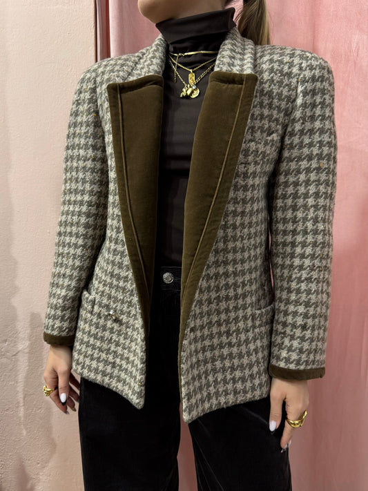 Blazer pied de poule in lana con rever in velluto