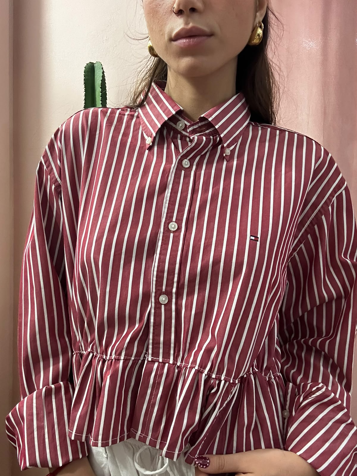 Camicia Tommy Hilfiger upcycling volant bordeaux a righe