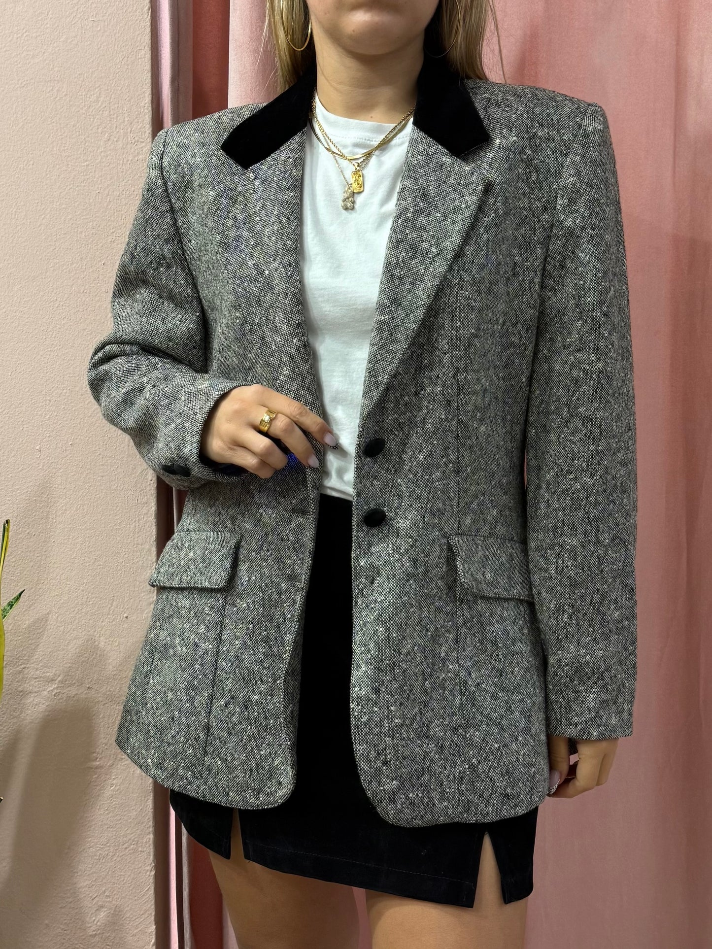 Blazer mélange dettaglio collo in velluto nero
