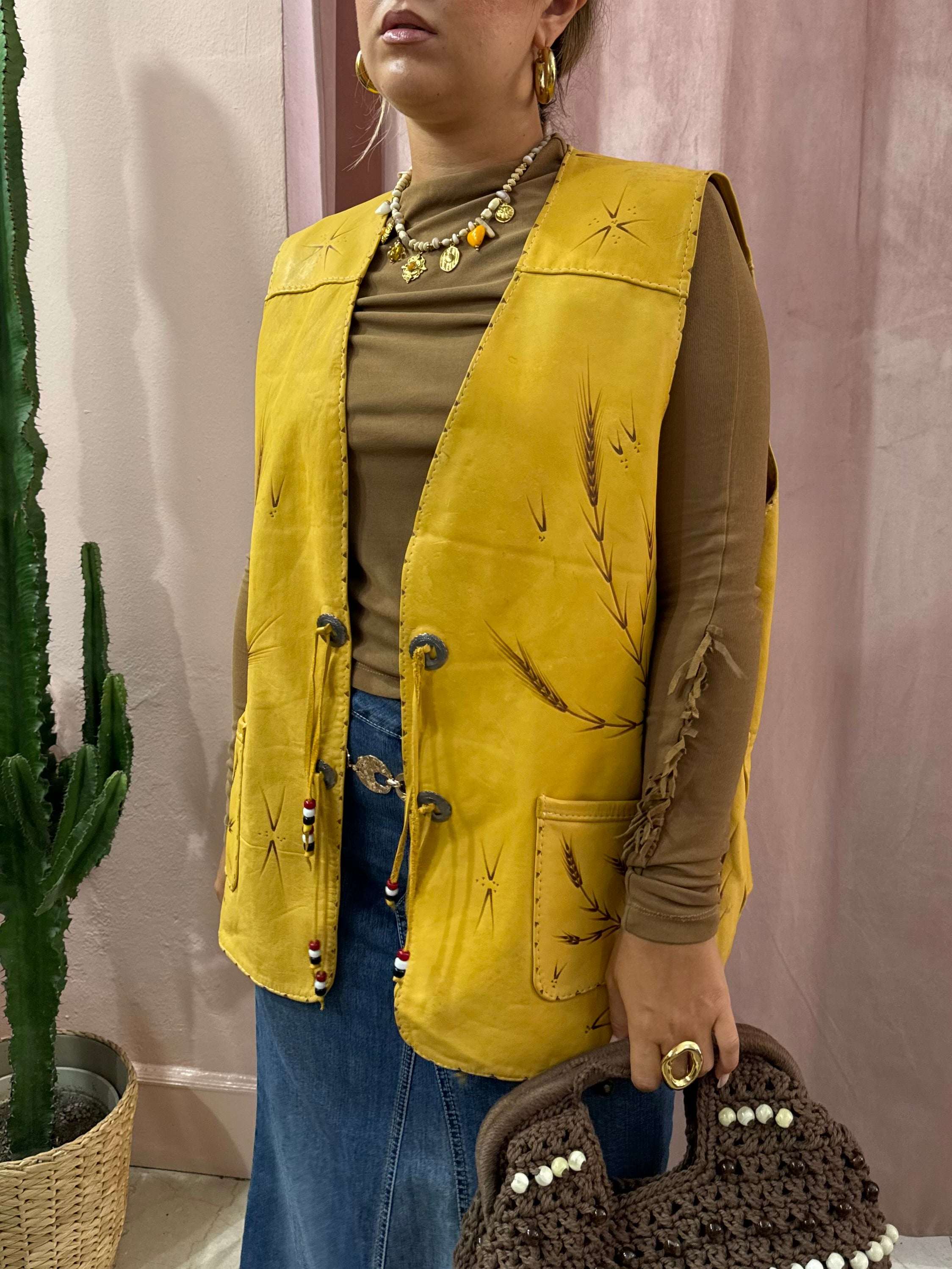 Gilet in vera pelle con fantasia spighe di grano