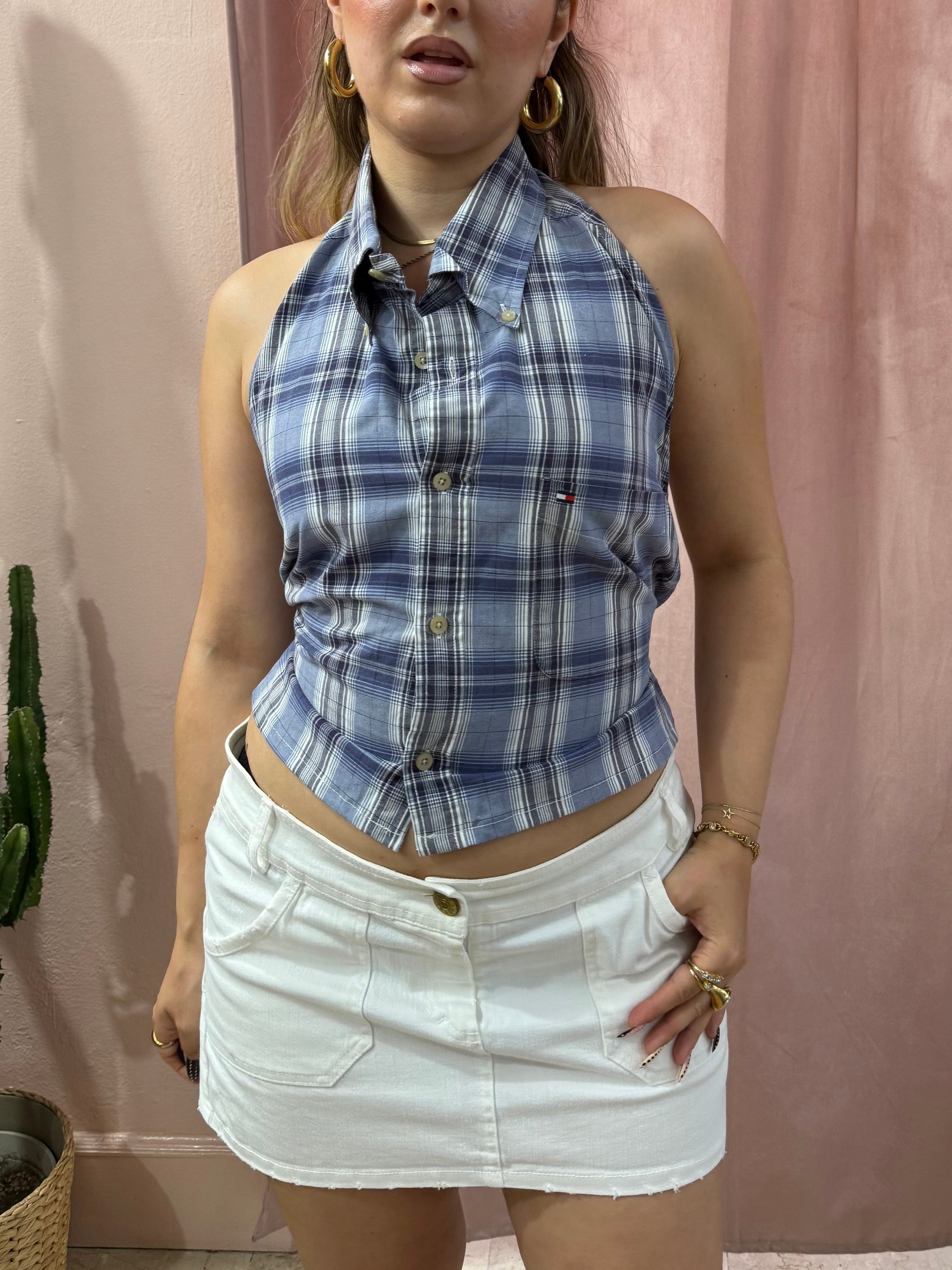 Top Tommy Hilfiger upcycling quadri blu