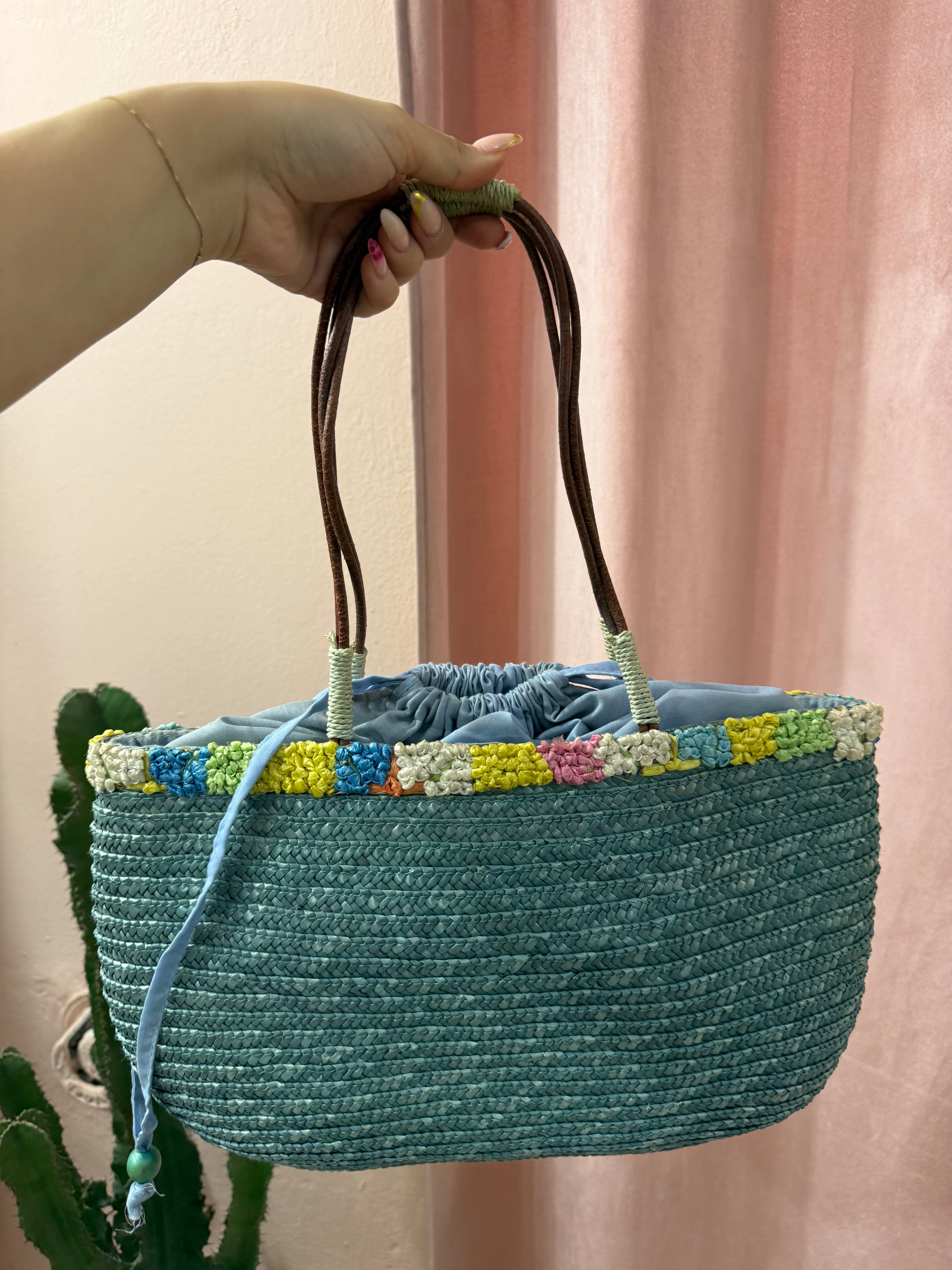 Borsa vintage in paglia azzurra