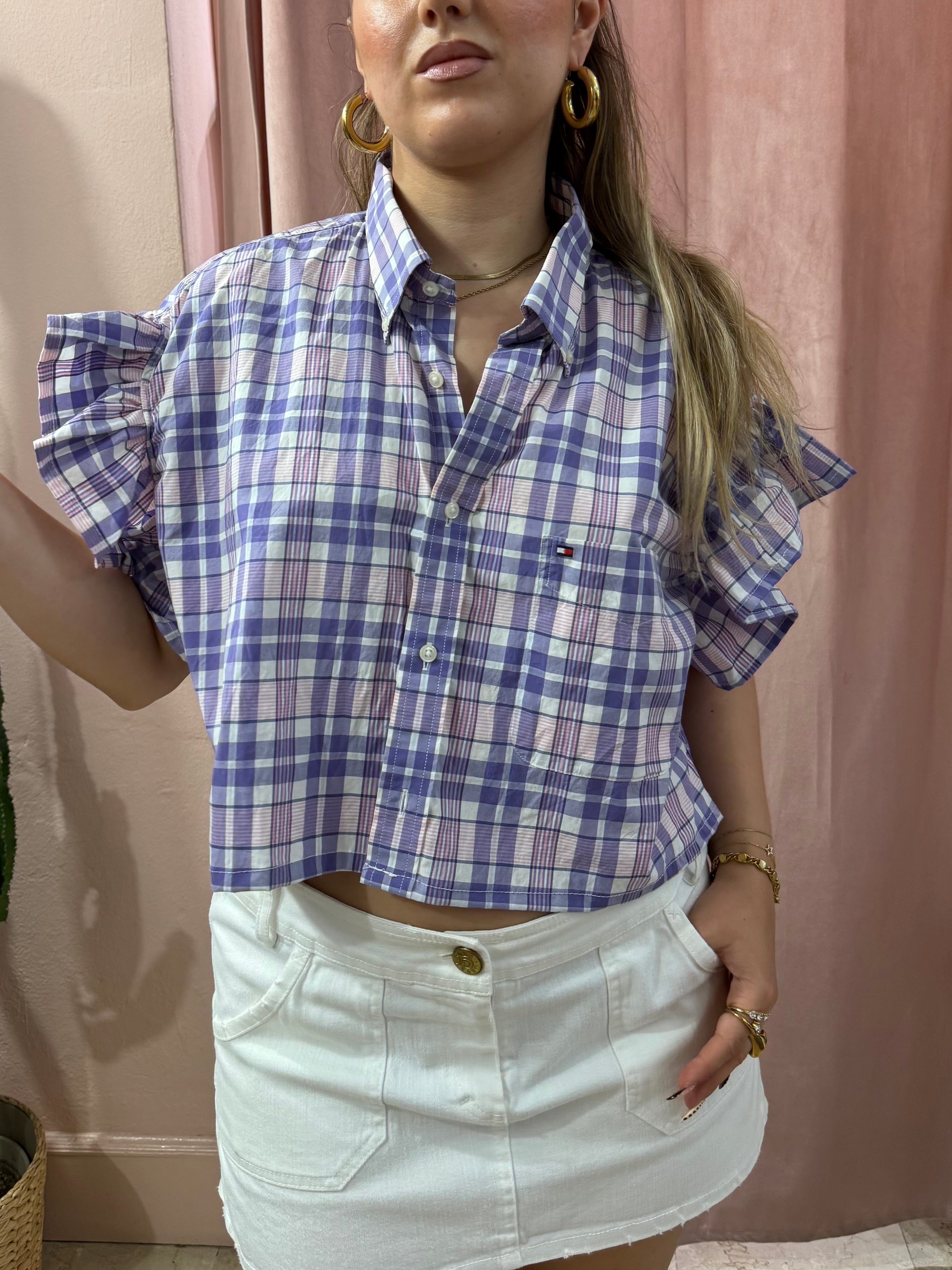 Camicia Tommy H. upcycling a quadri lilla