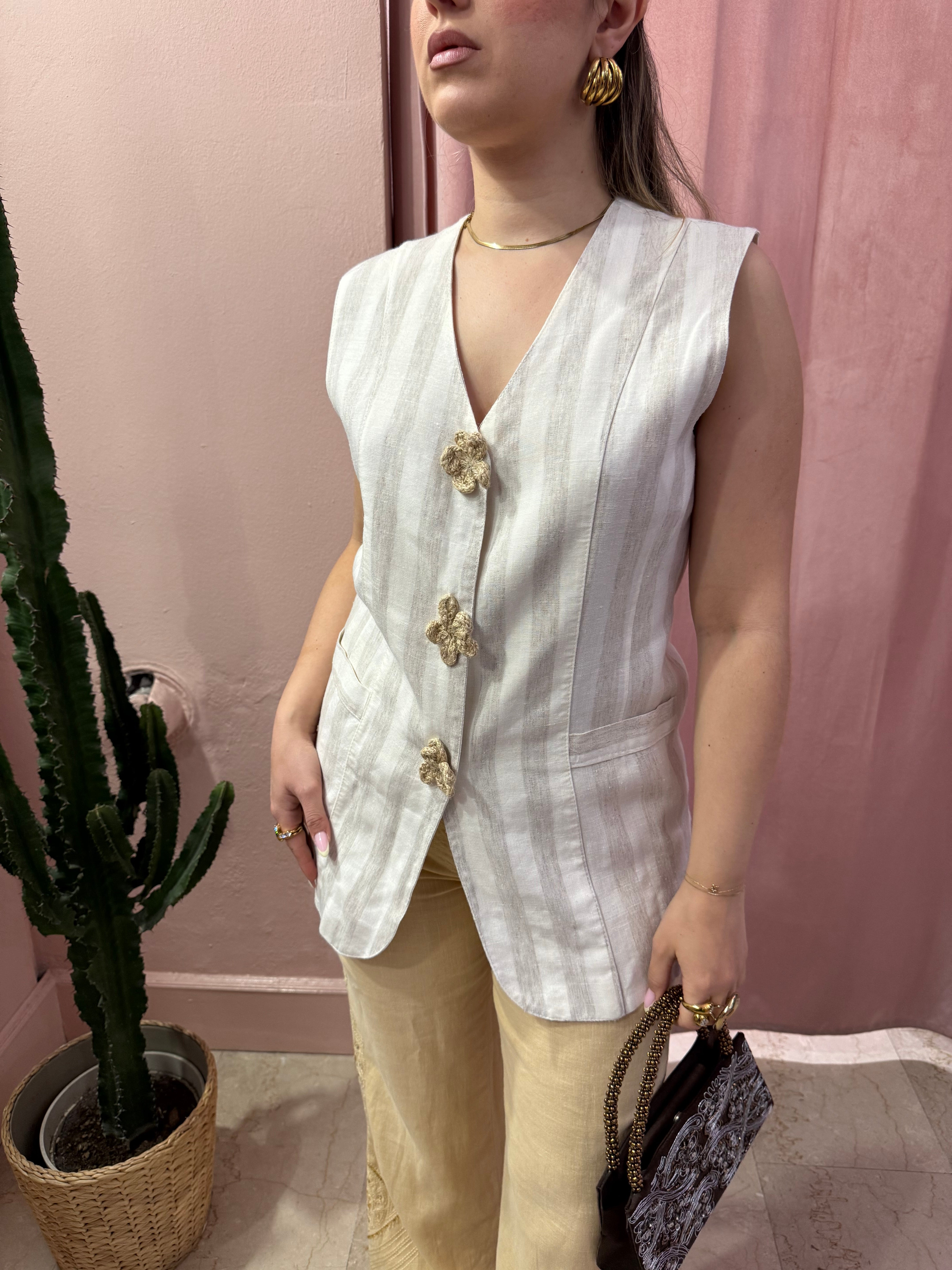 Gilet a righe bottoni a fiore in corda