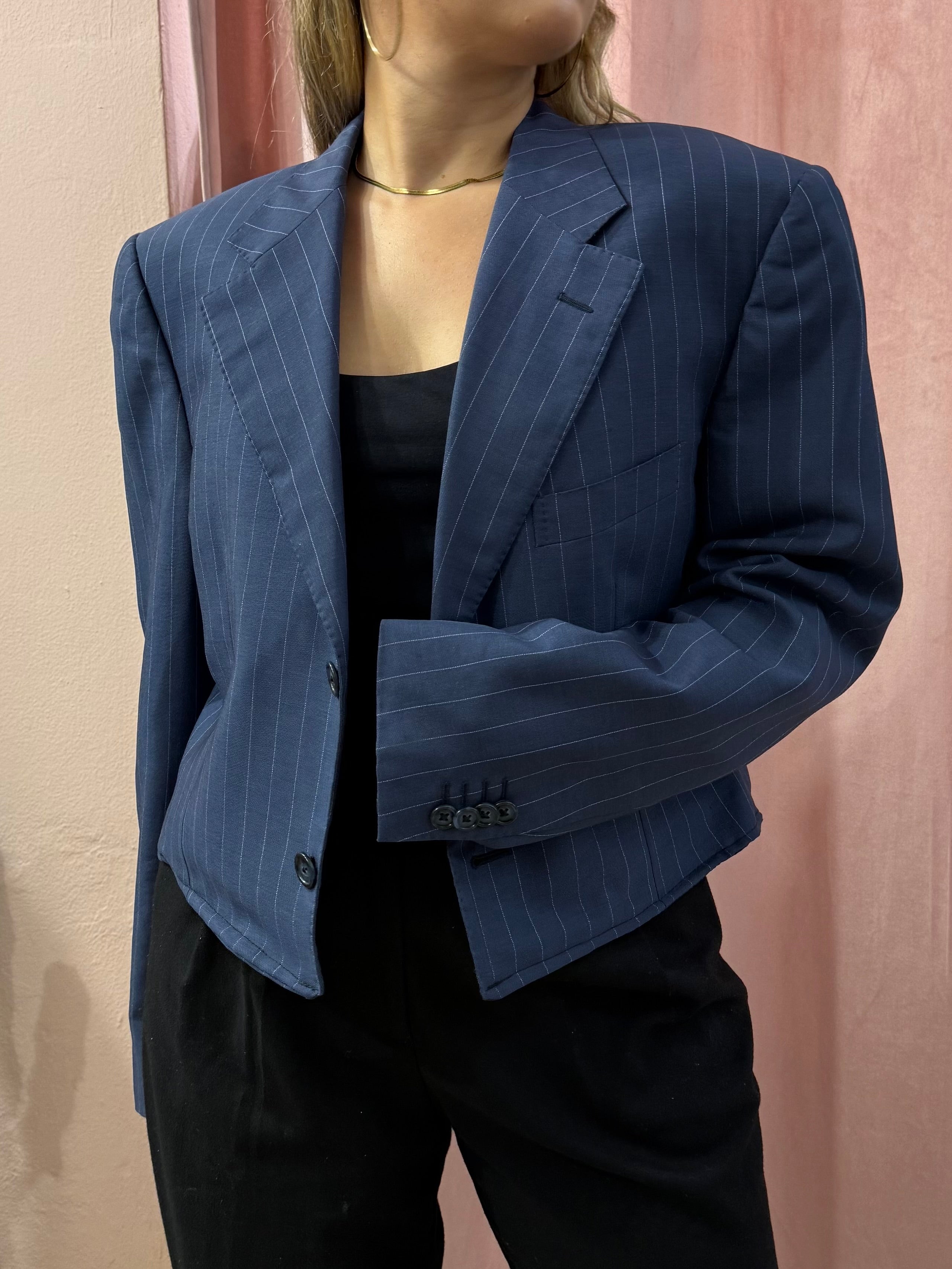 Blazer crop gessato blu Corneliani