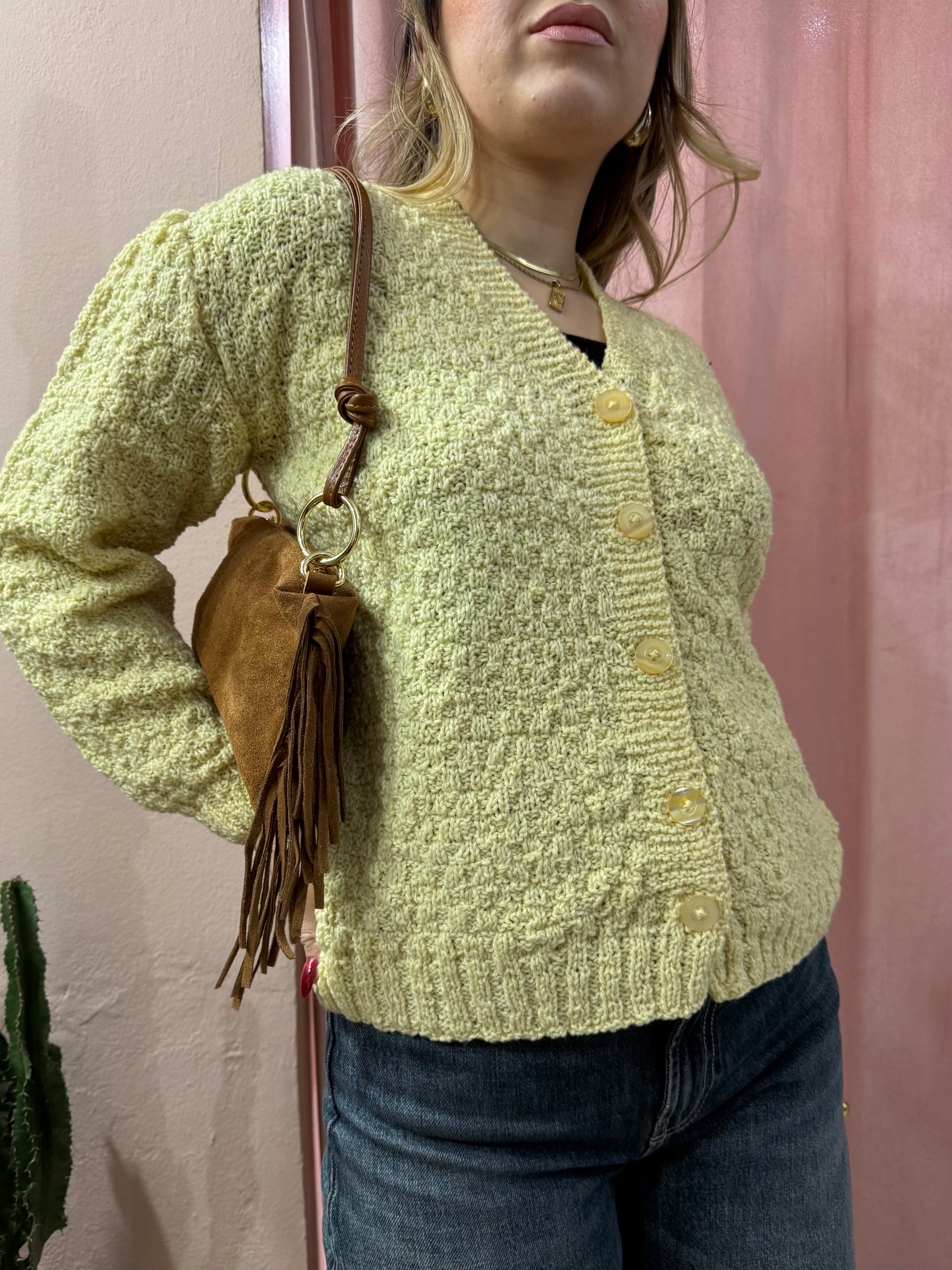 Cardigan vintage giallo in lana e cotone