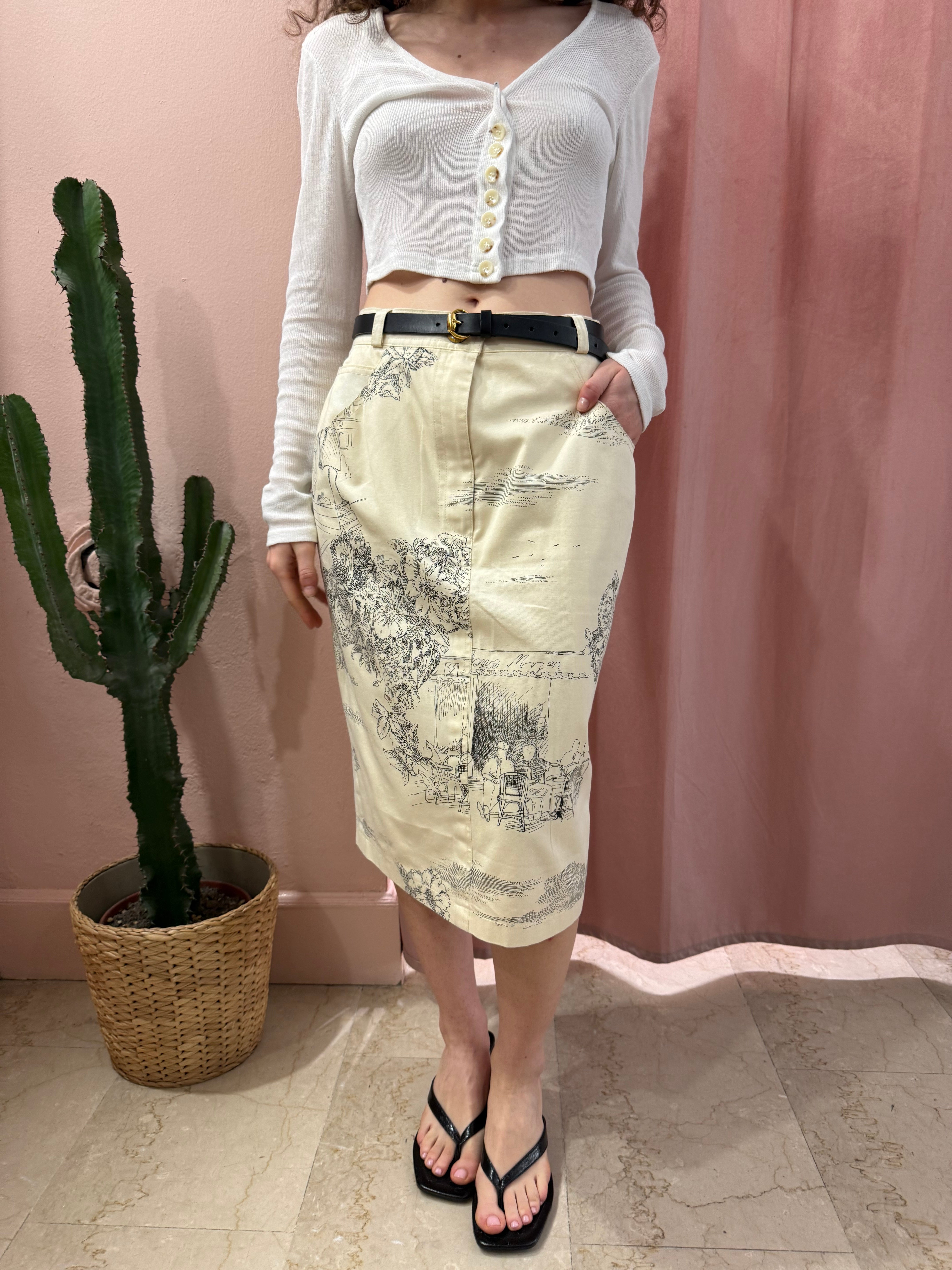 Gonna vintage midi con fantasia disegnata