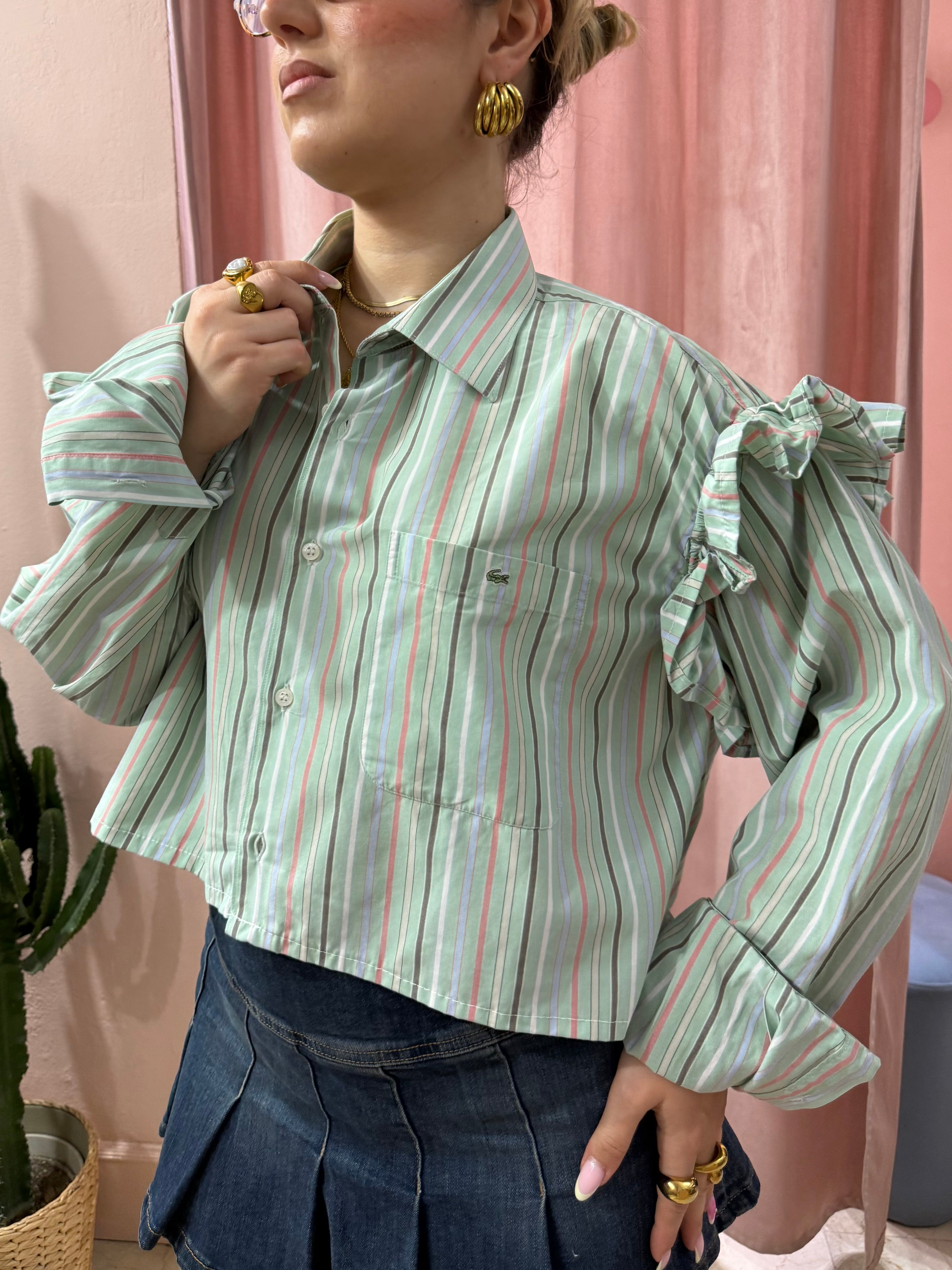 Camicia Lacoste upcycling verde salvia a righe