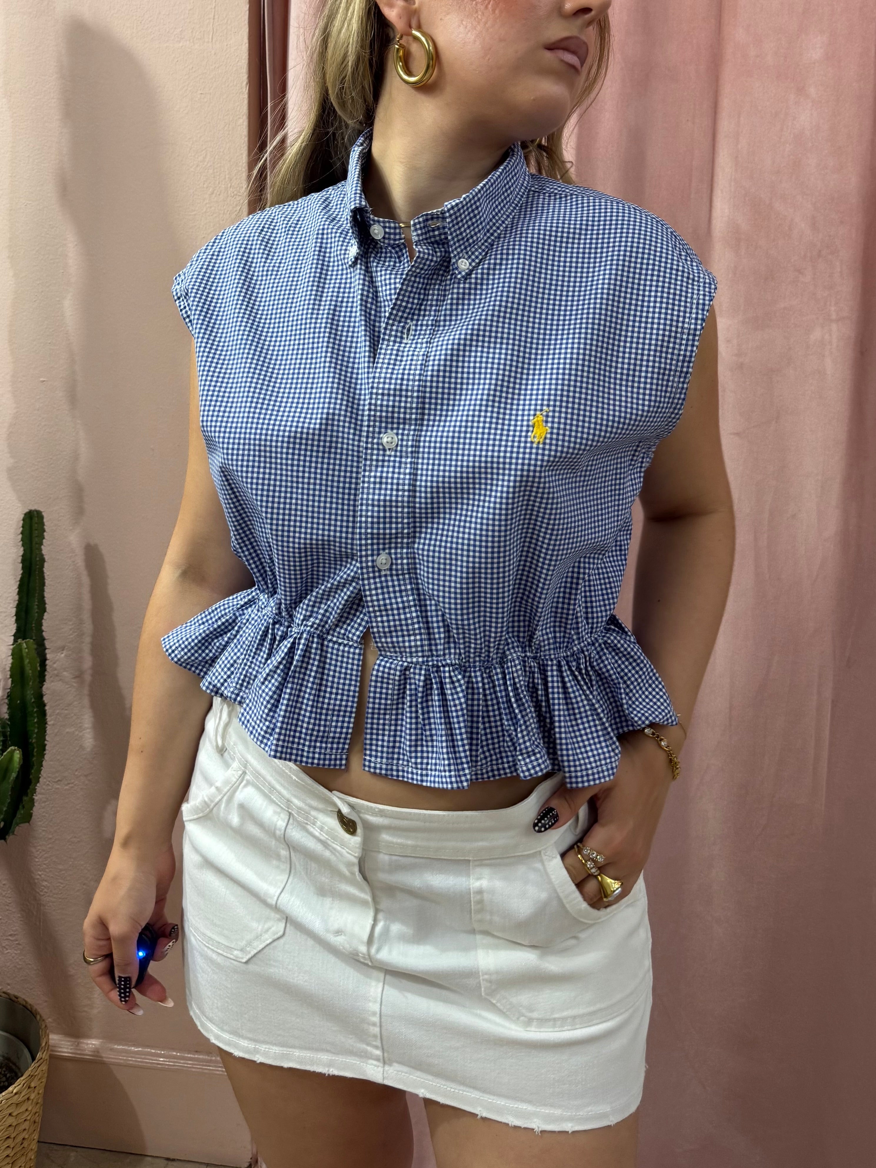 Camicia Ralph Lauren upcycling volant vichy blu