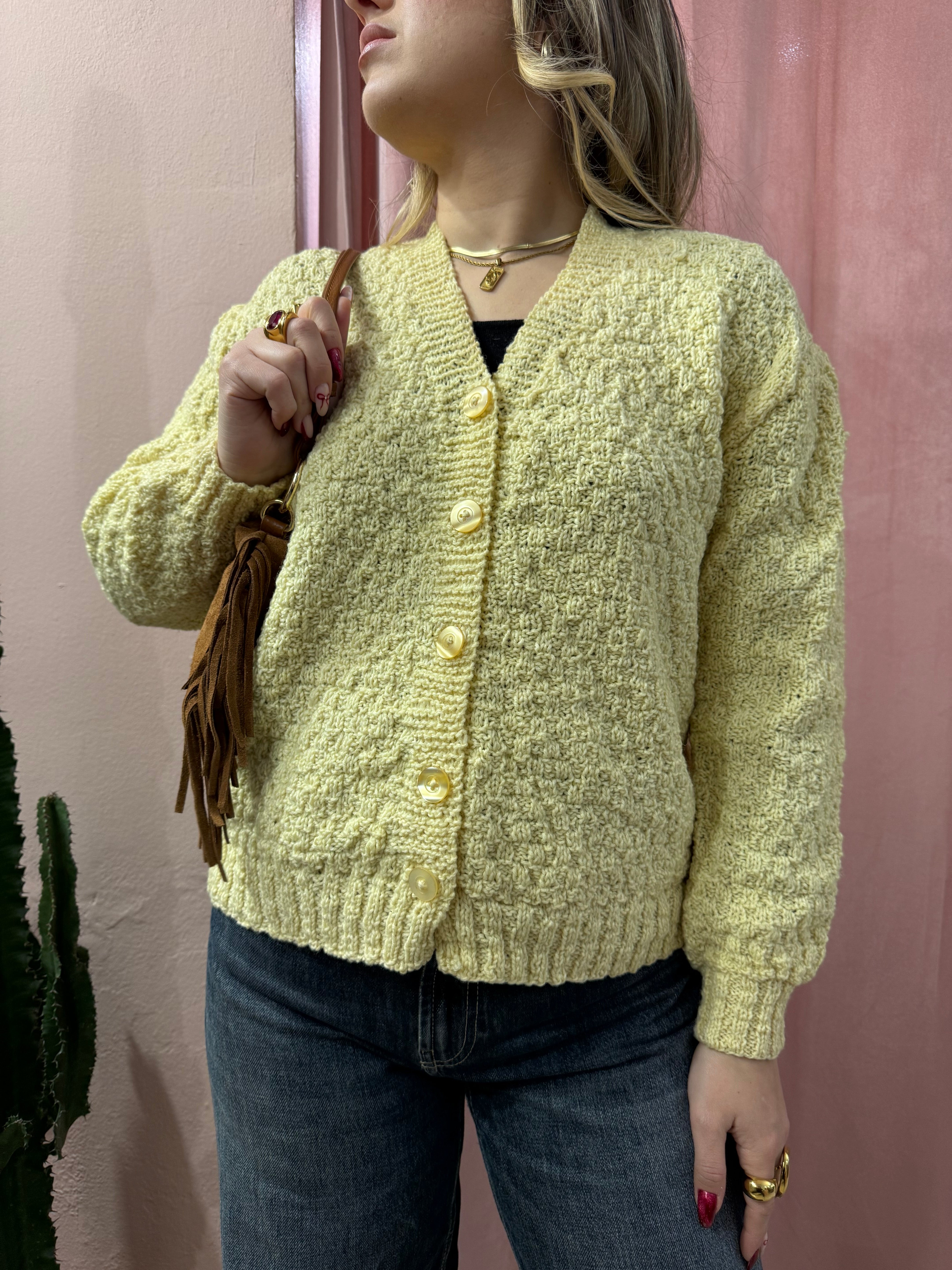 Cardigan vintage giallo in lana e cotone