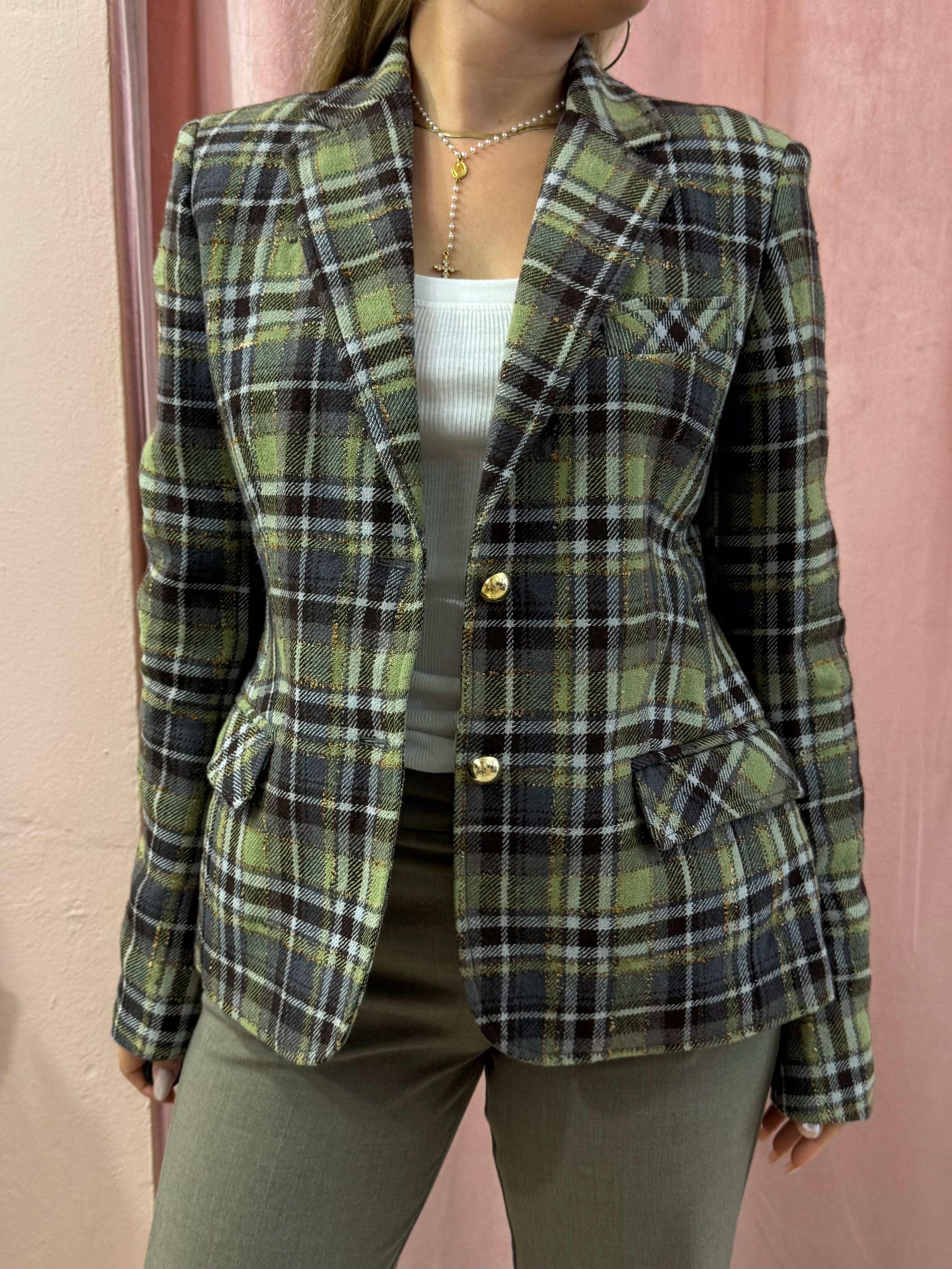 Blazer tartan sul verde in pura lana