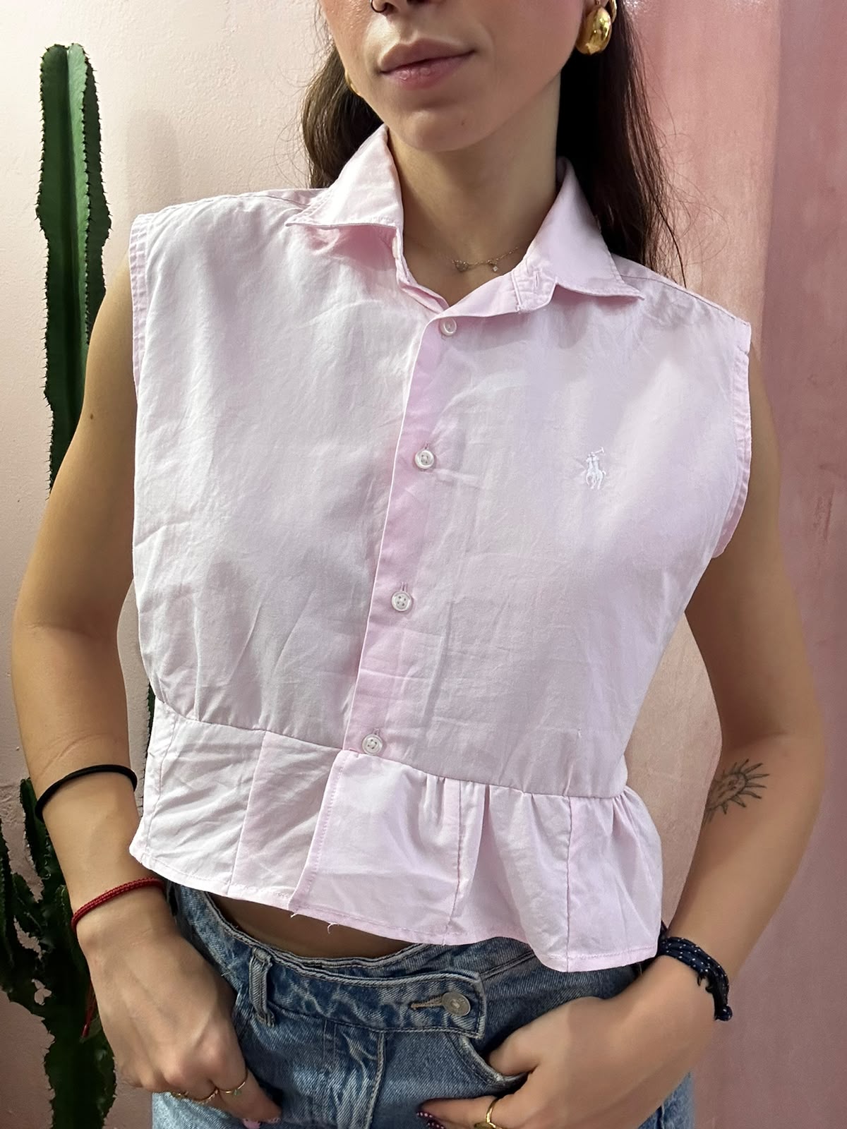 Camicia Ralph Lauren upcycling volant super crop rosa