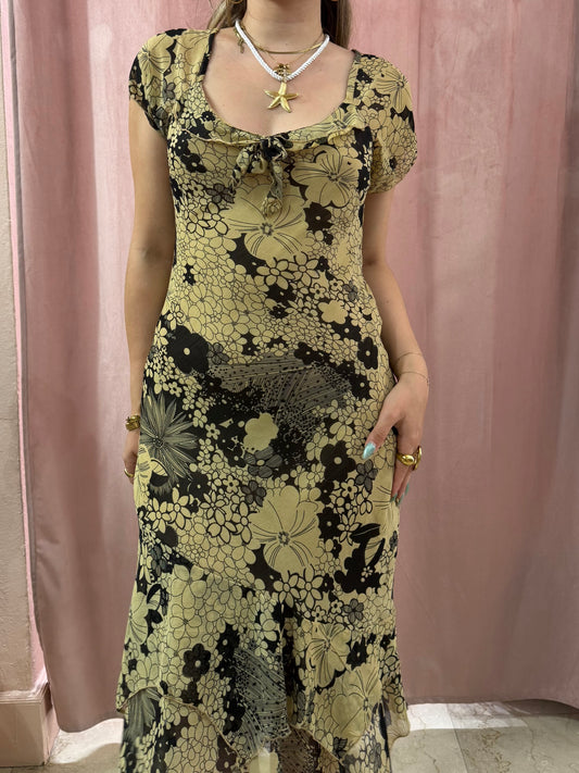 Vestito in fantasia a fiori beige e nero