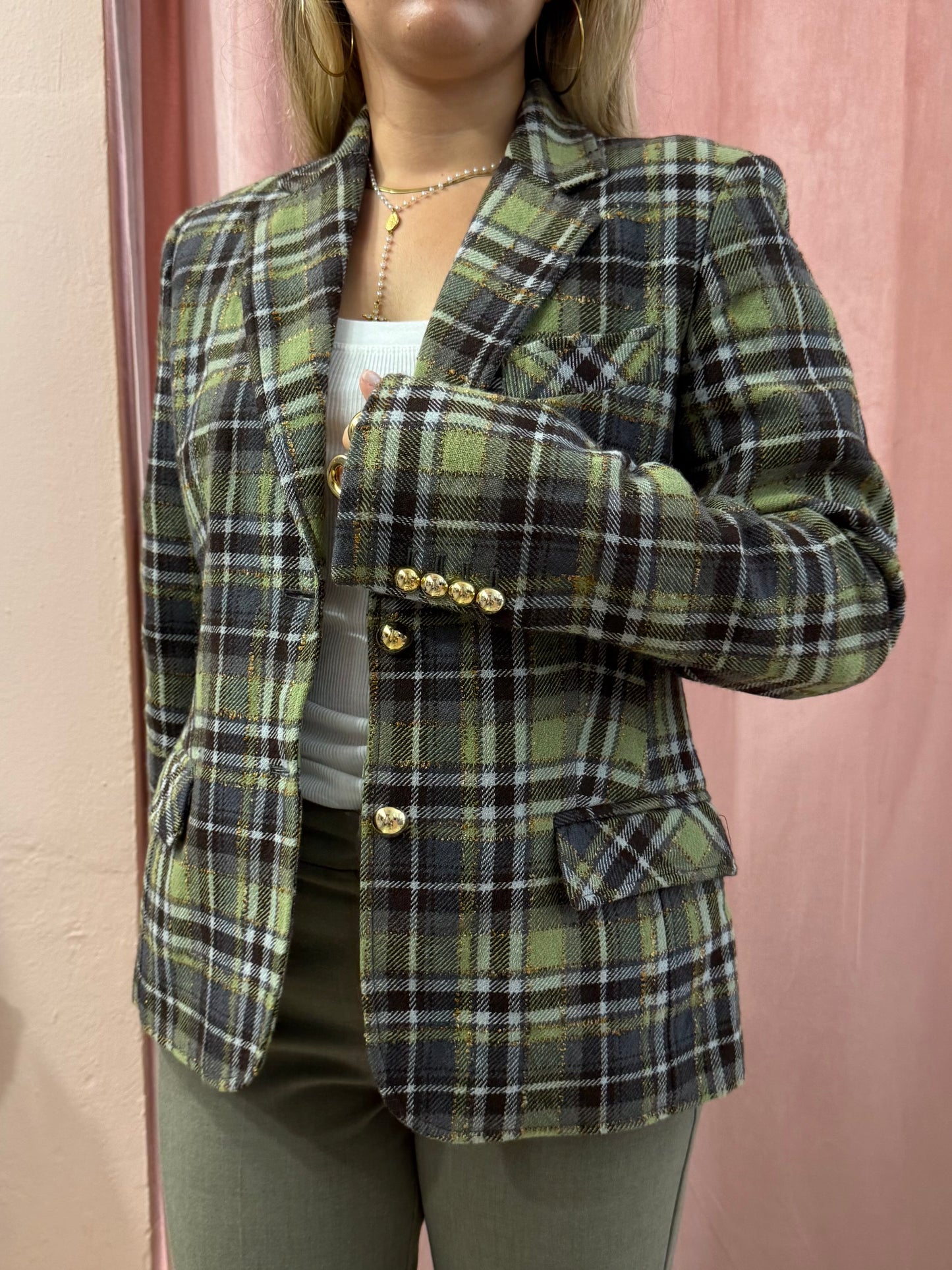 Blazer tartan sul verde in pura lana