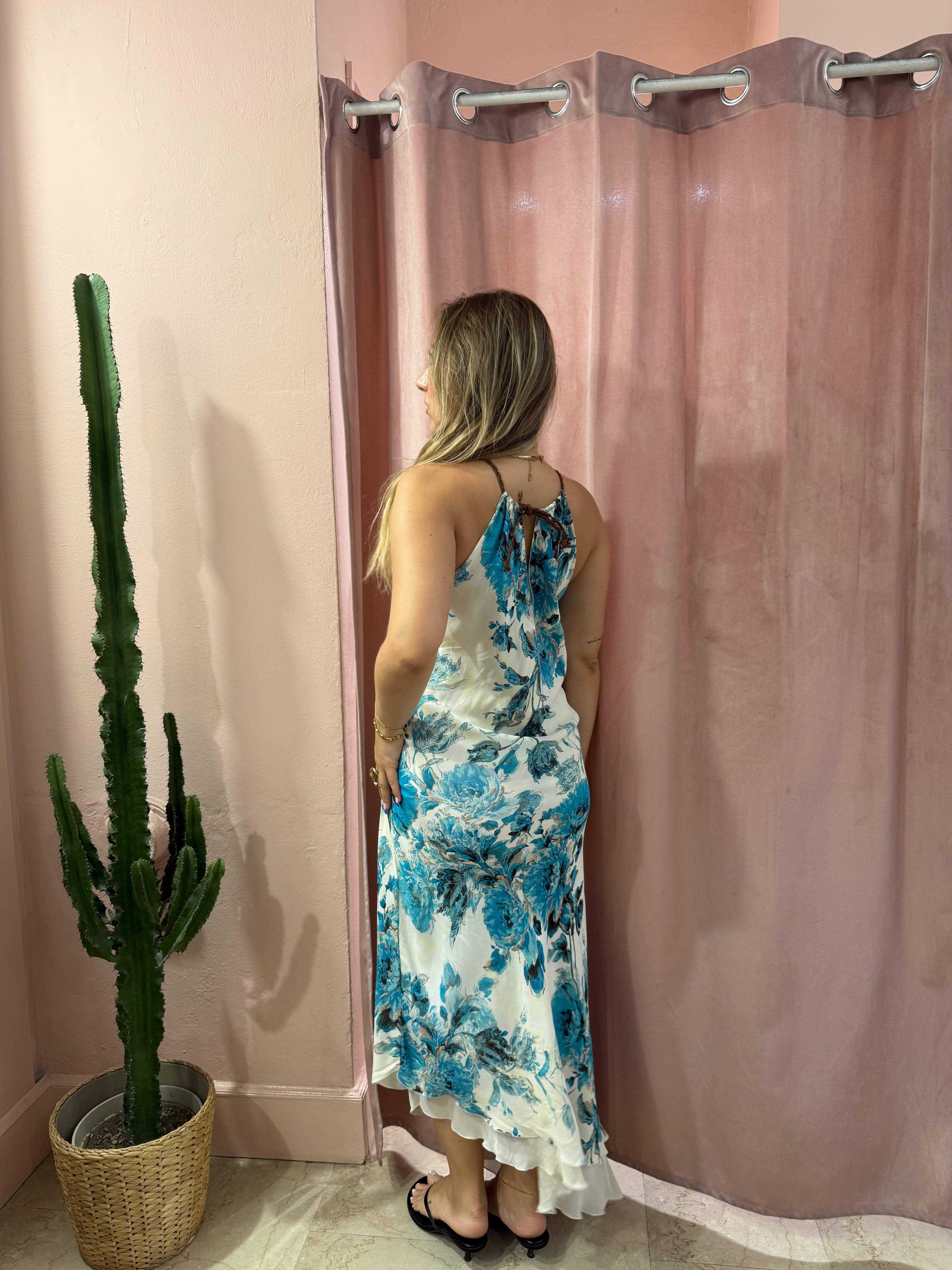 Maxi vestito bianco in fantasia floreale blu