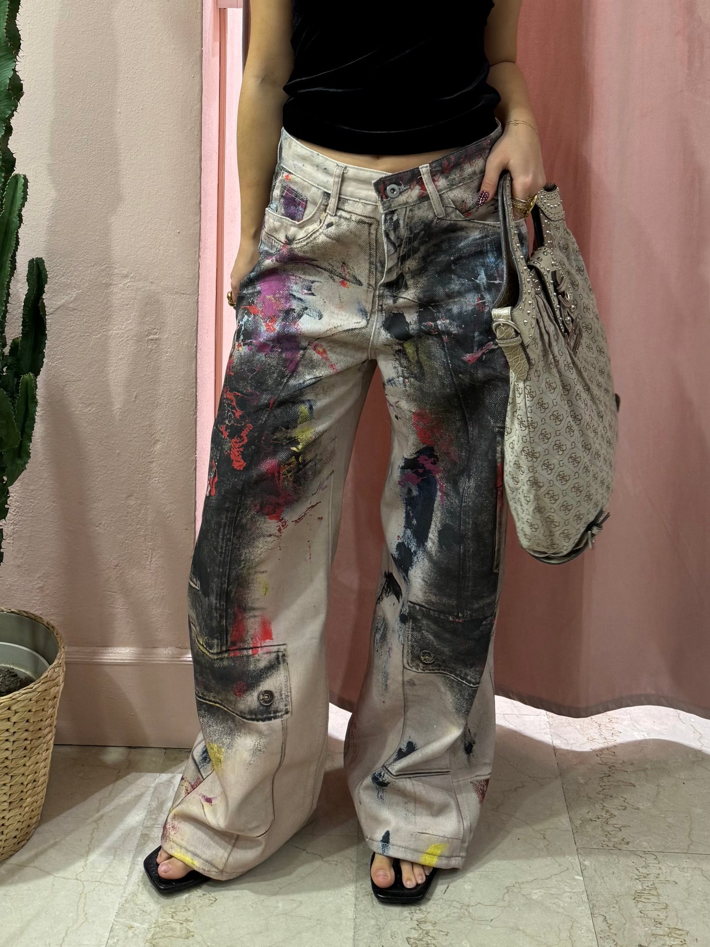 Pantalone wide leg effetto vernice