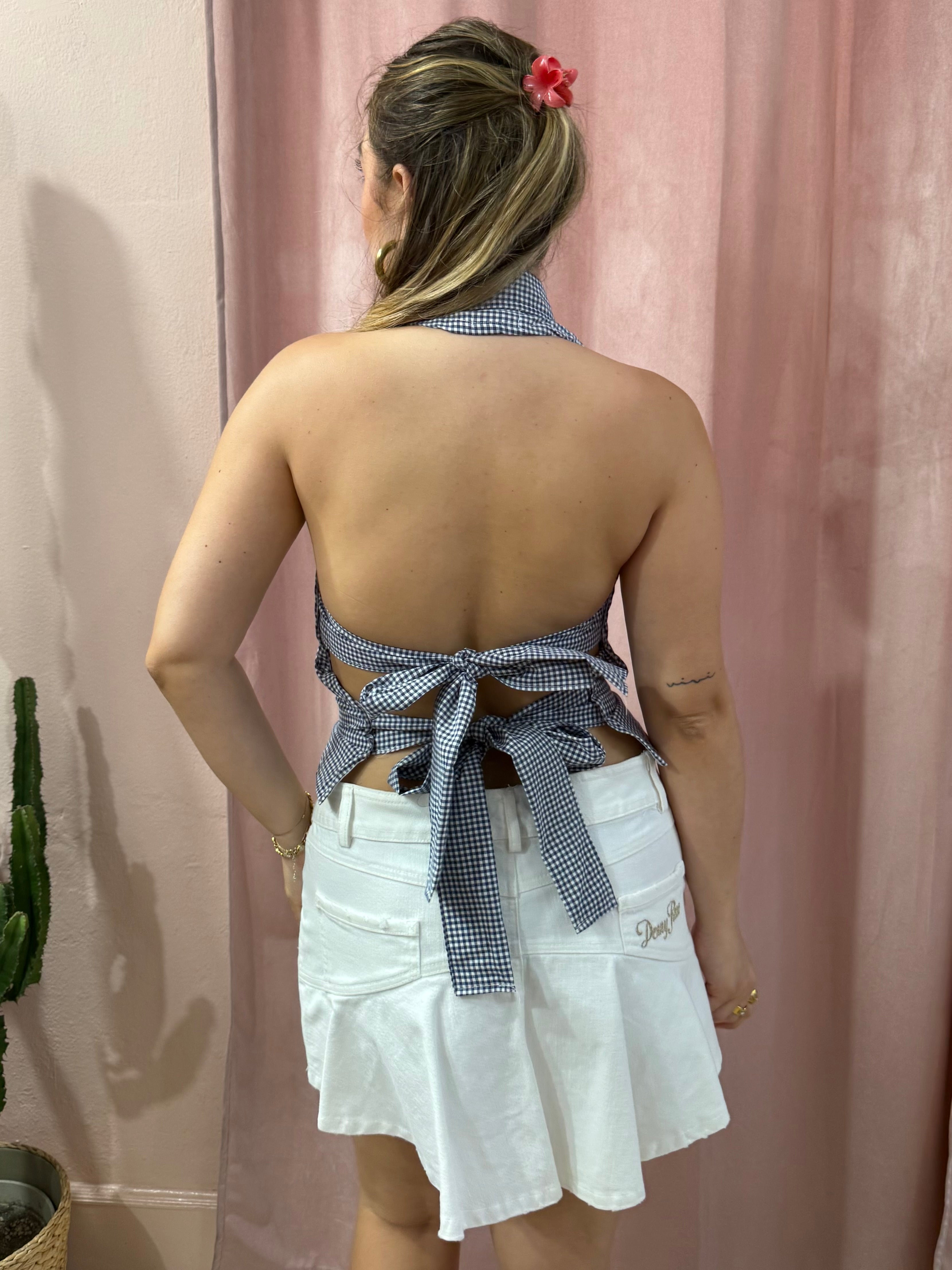 Top Lacoste upcycling vichy blu