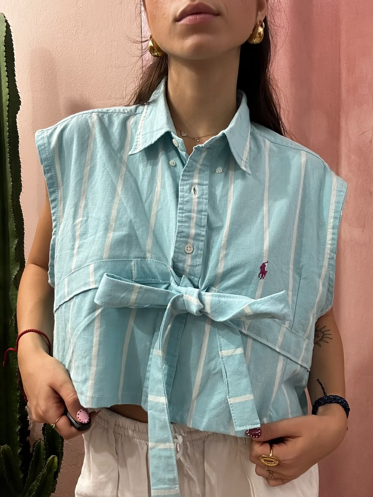 Camicia Ralph Lauren upcycling fiocco a righe azzurra