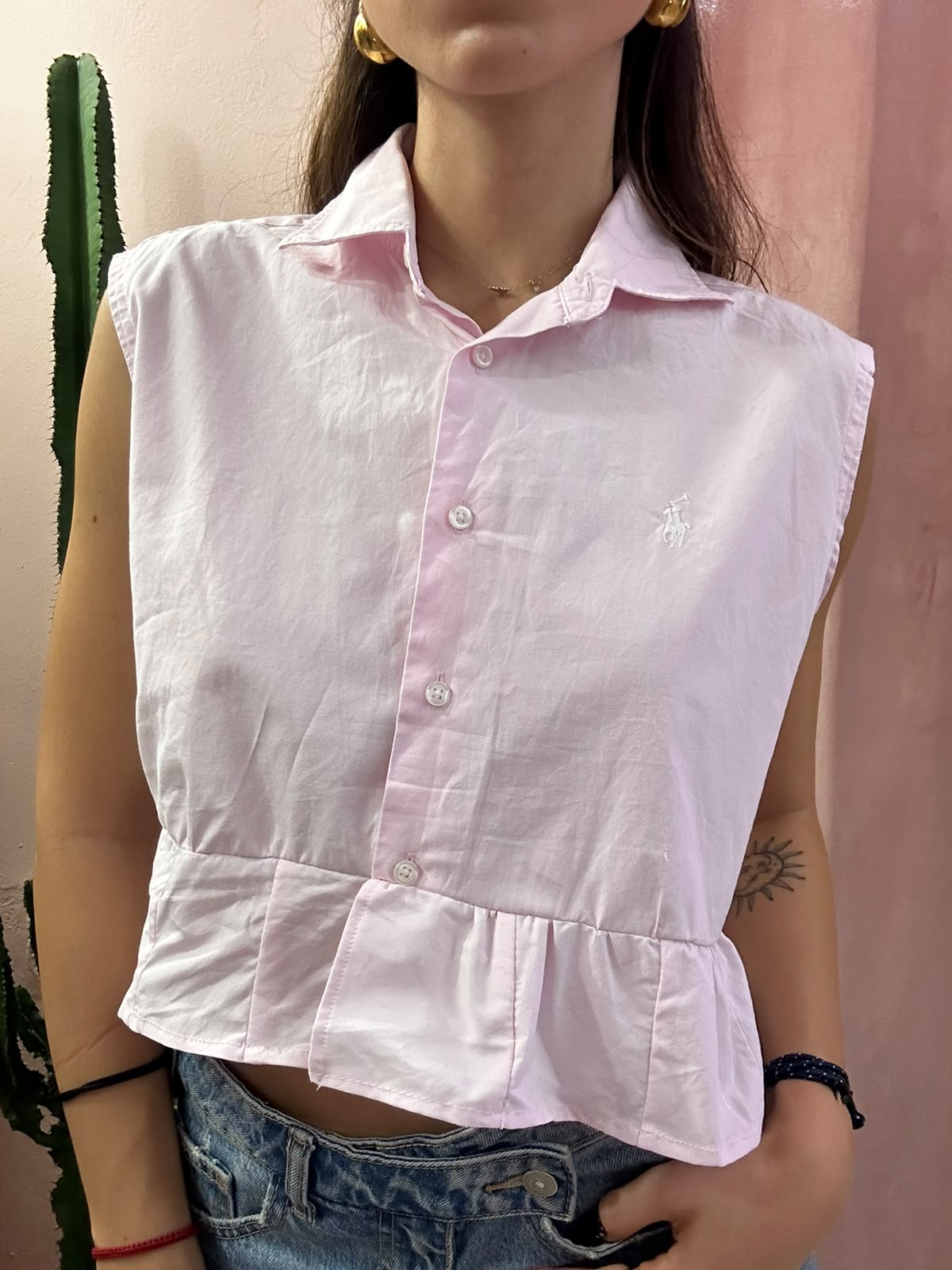 Camicia Ralph Lauren upcycling volant super crop rosa