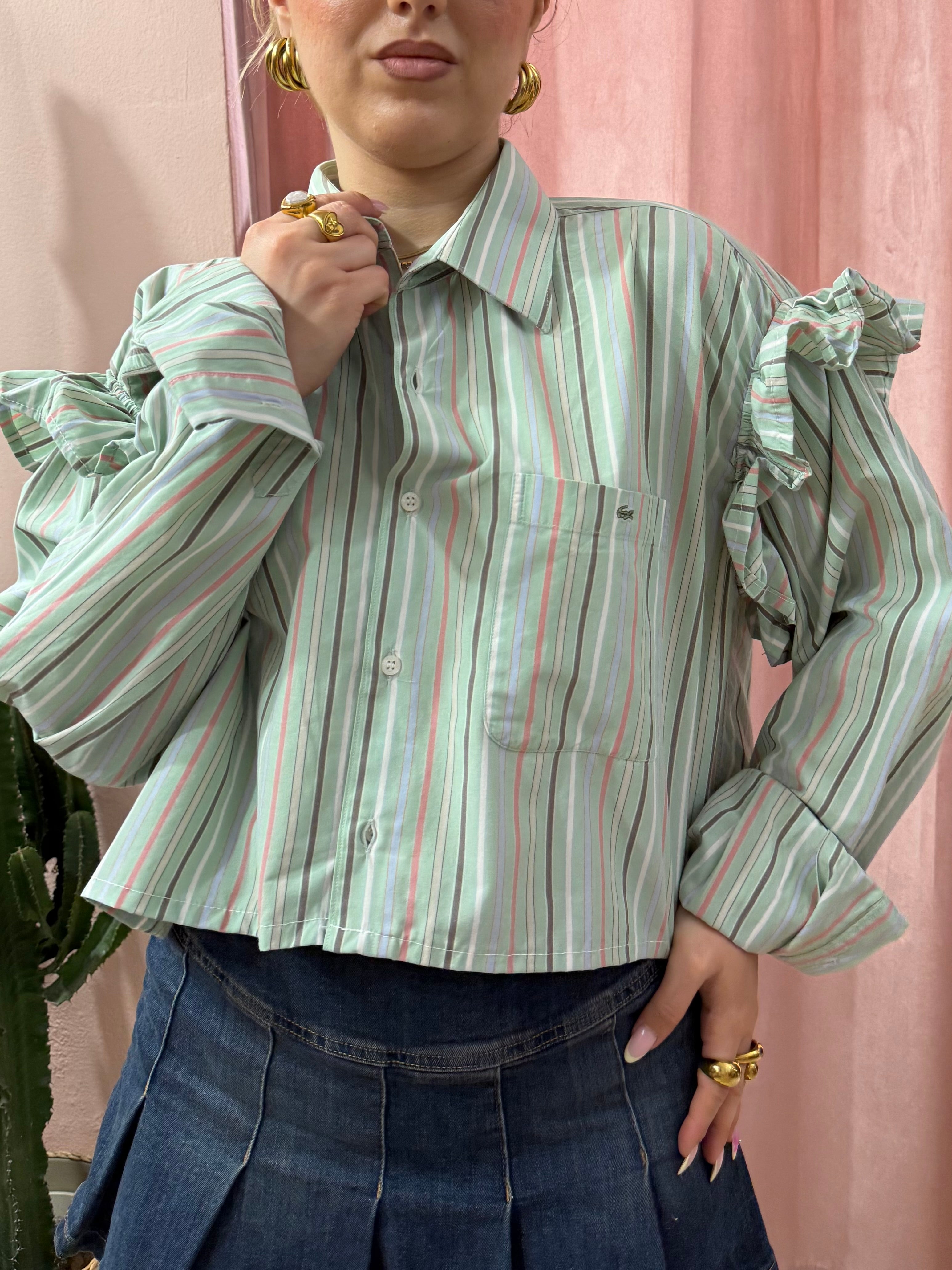 Camicia Lacoste upcycling verde salvia a righe