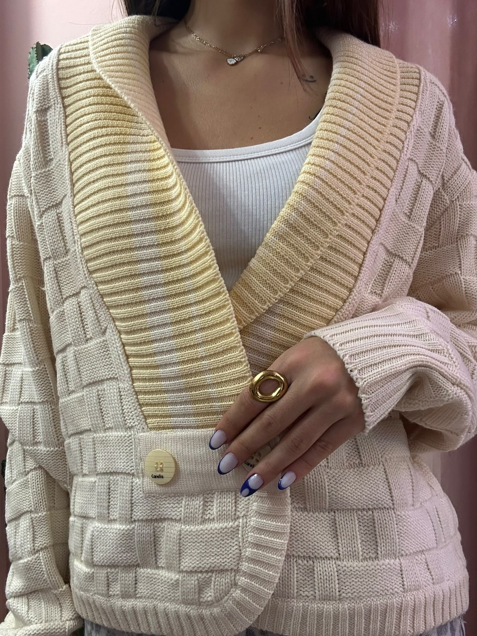 Cardigan vintage doppiopetto con inserti giallo burro