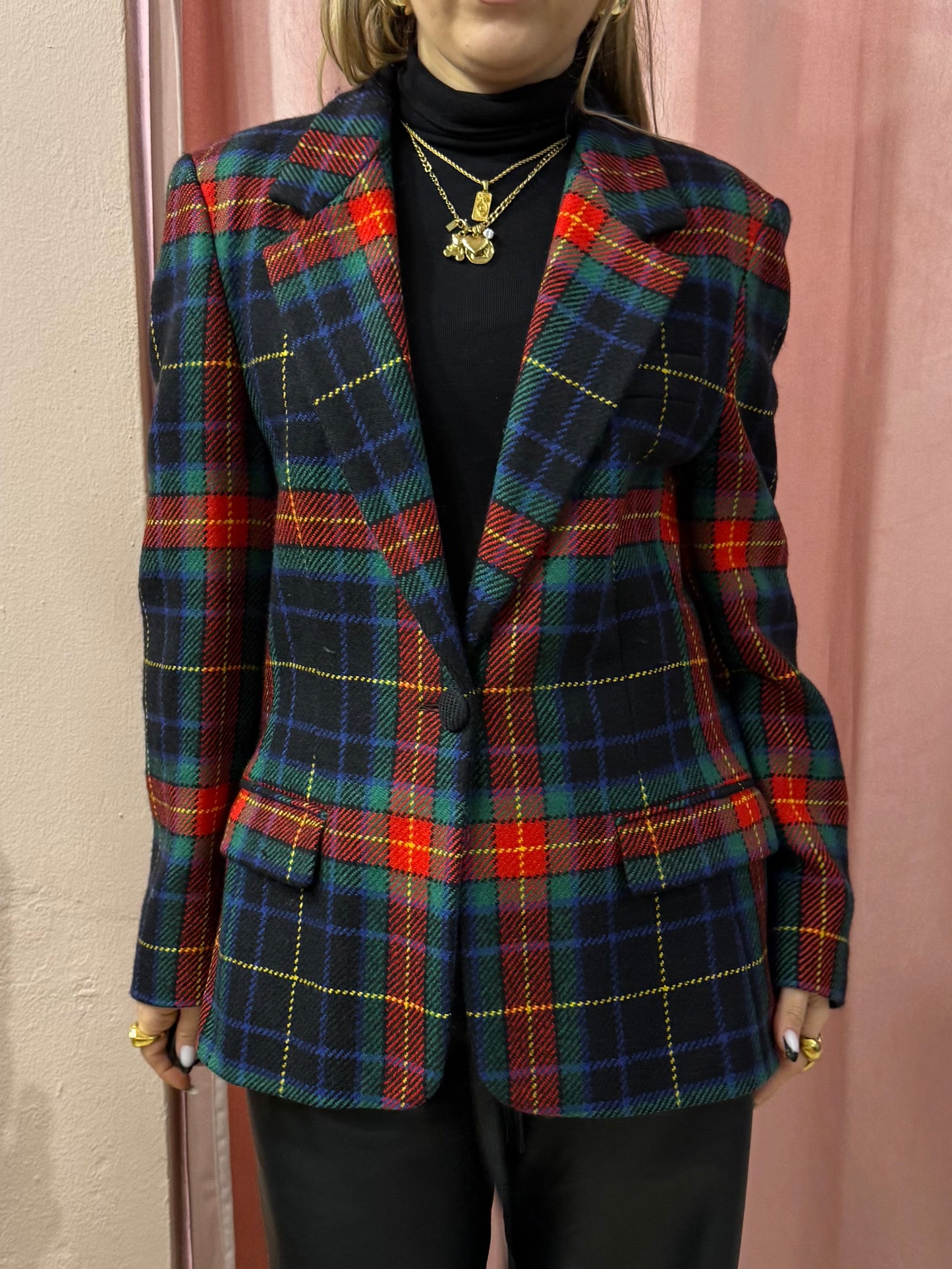 Blazer tartan in lana sul blu