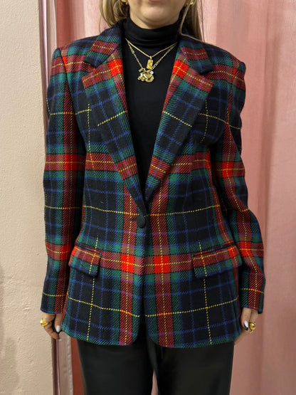 Blazer tartan in lana sul blu