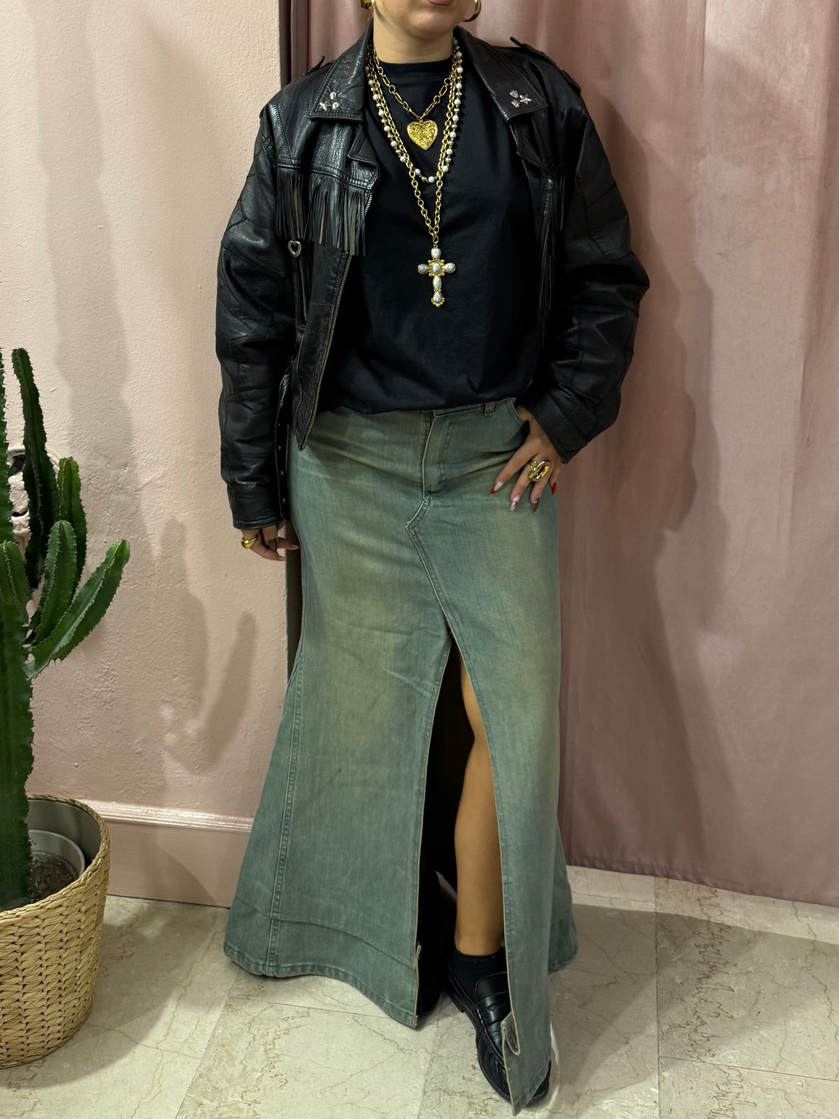 Maxi gonna in denim con spacco