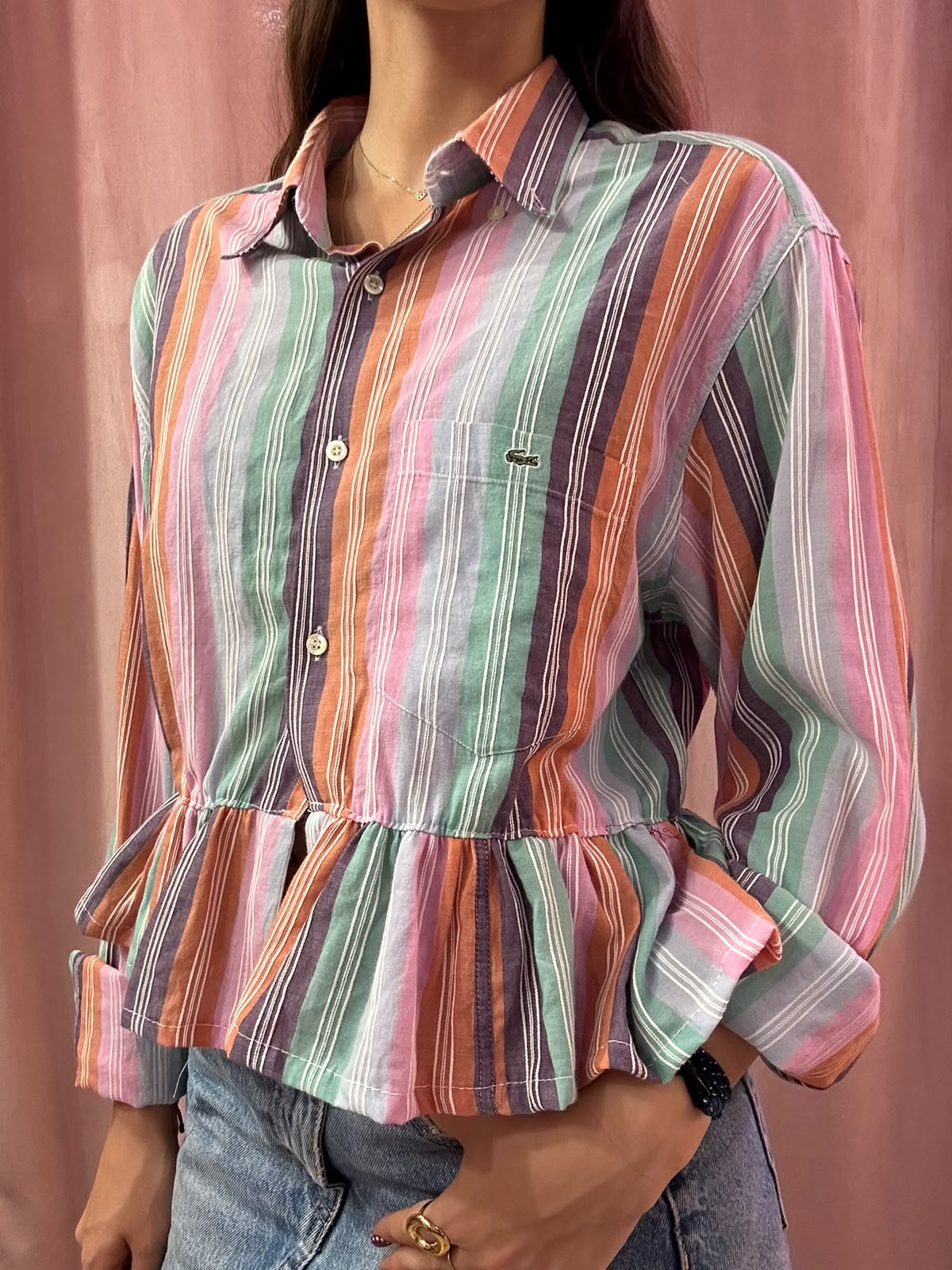 Camicia Lacoste upcycling multicolor a righe volant