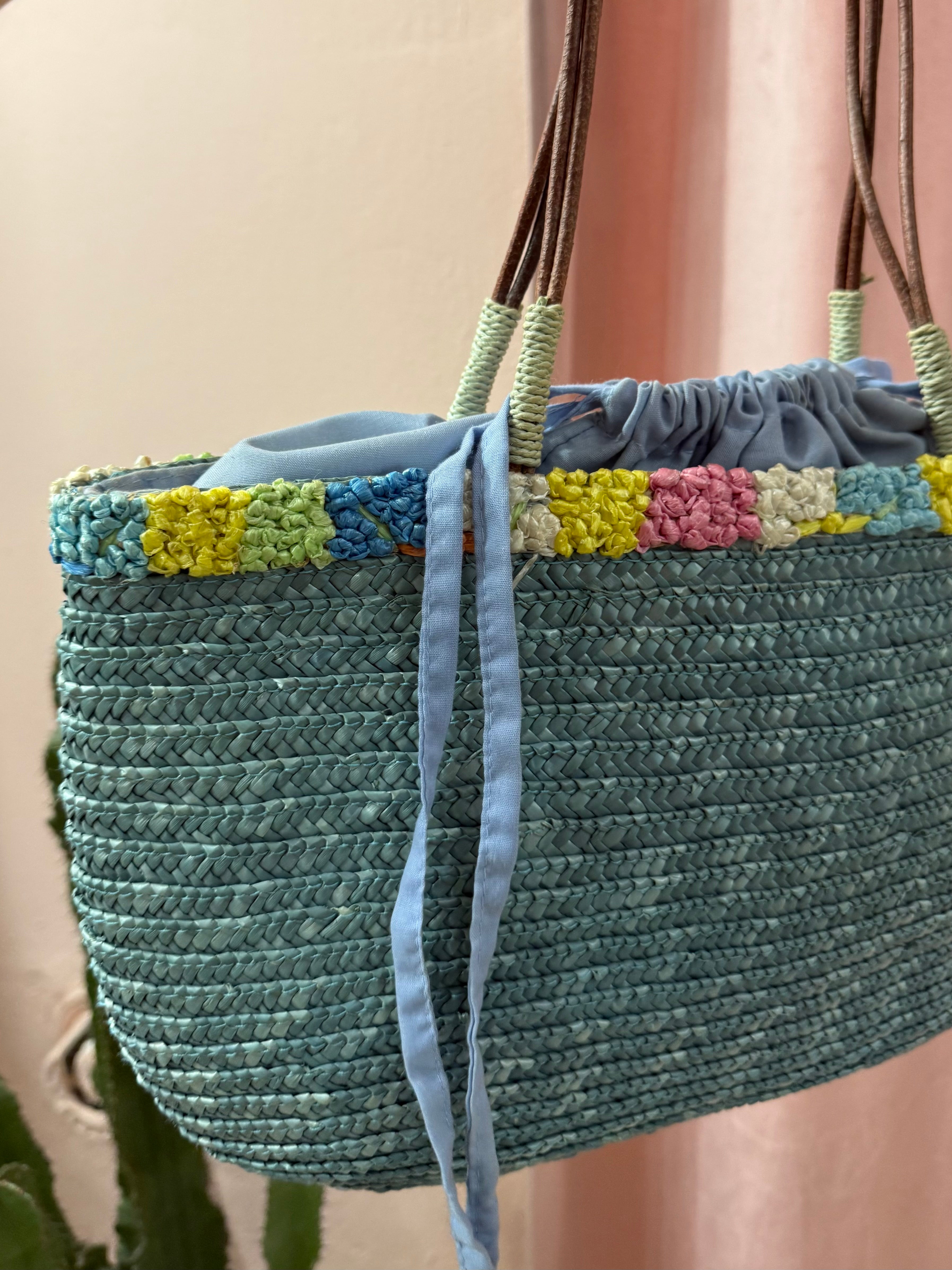 Borsa vintage in paglia azzurra