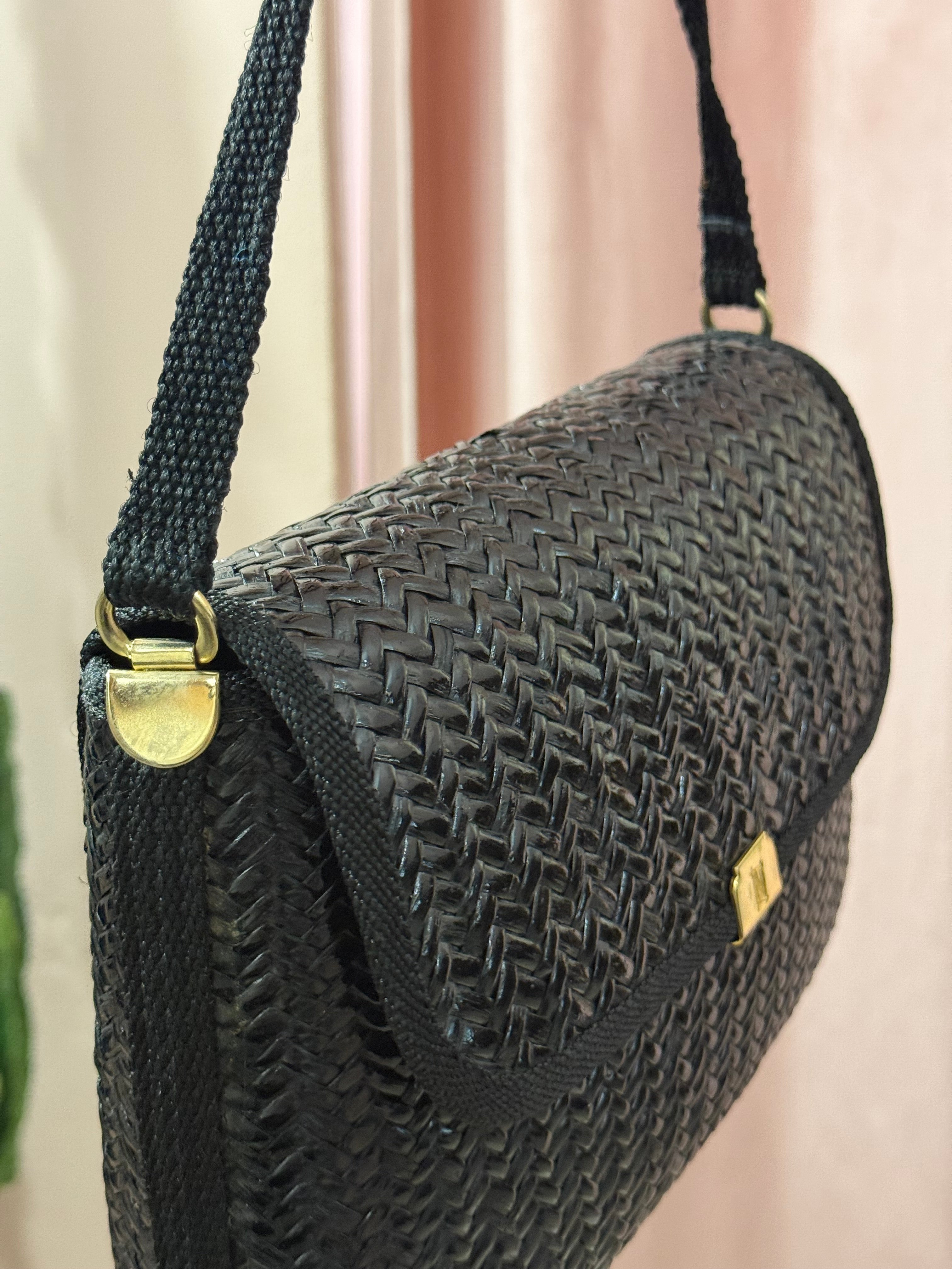 Borsa a tracolla in paglia nera