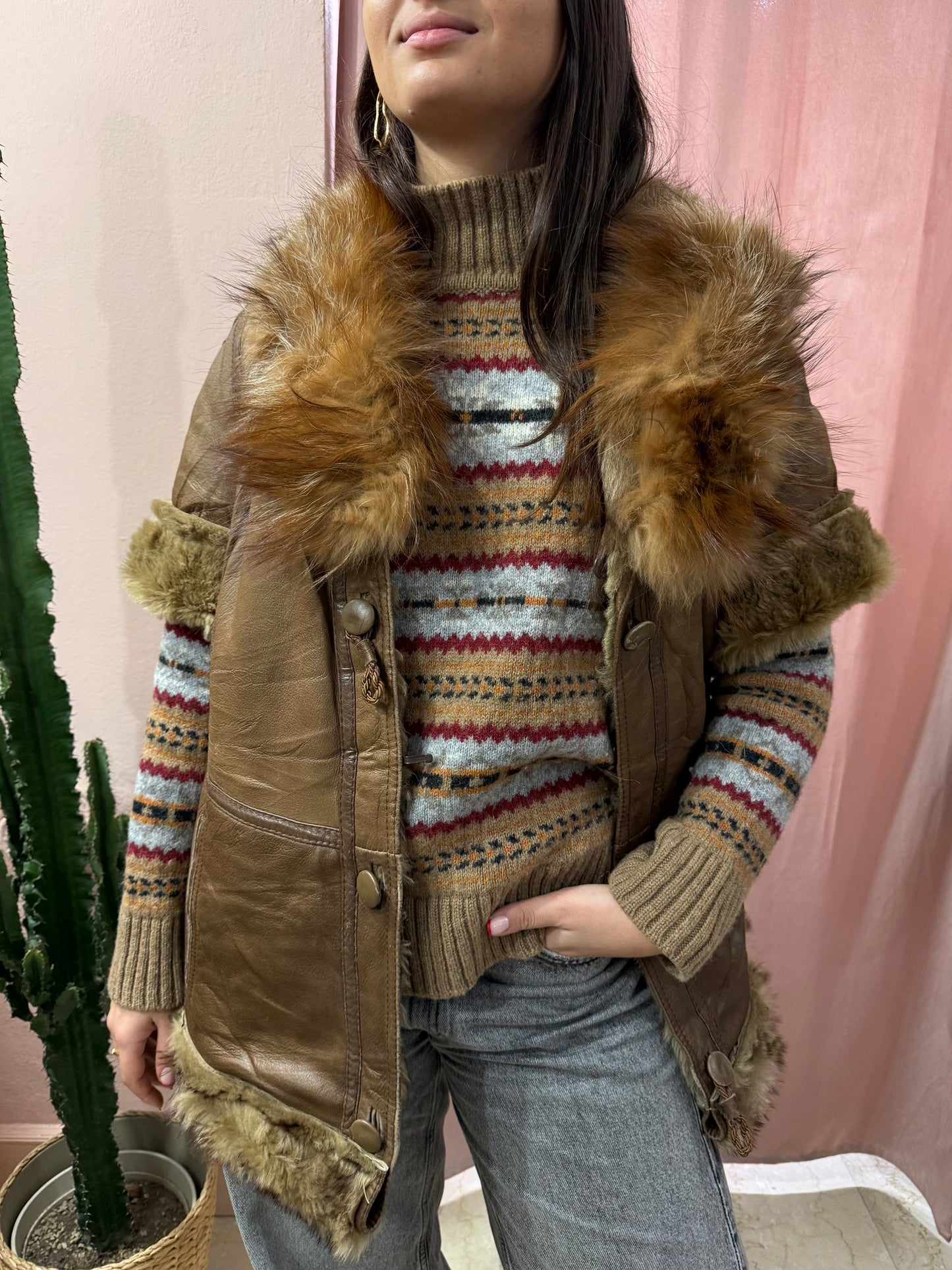 Montone Shearling smanicato collo in volpe