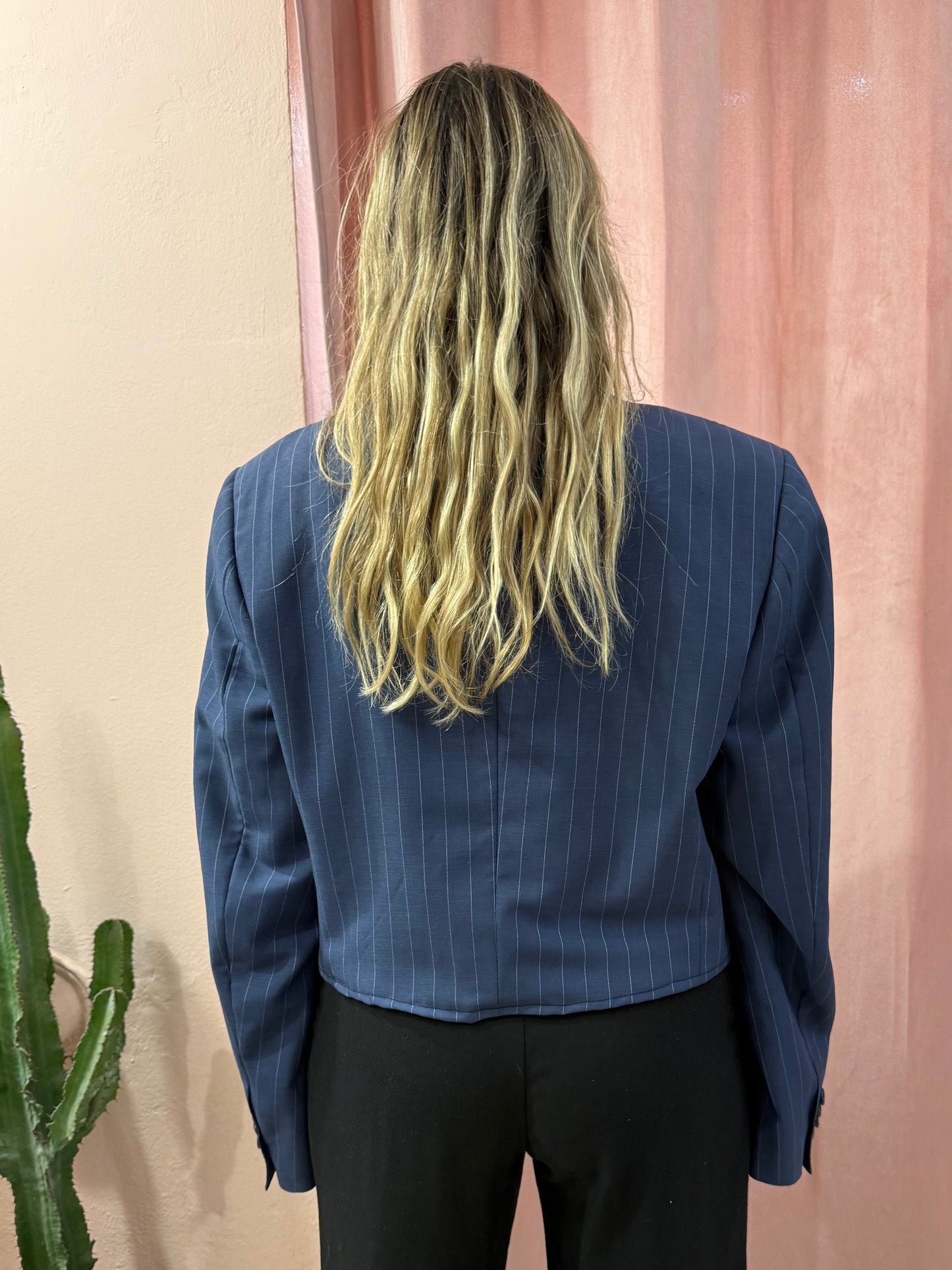 Blazer crop gessato blu Corneliani