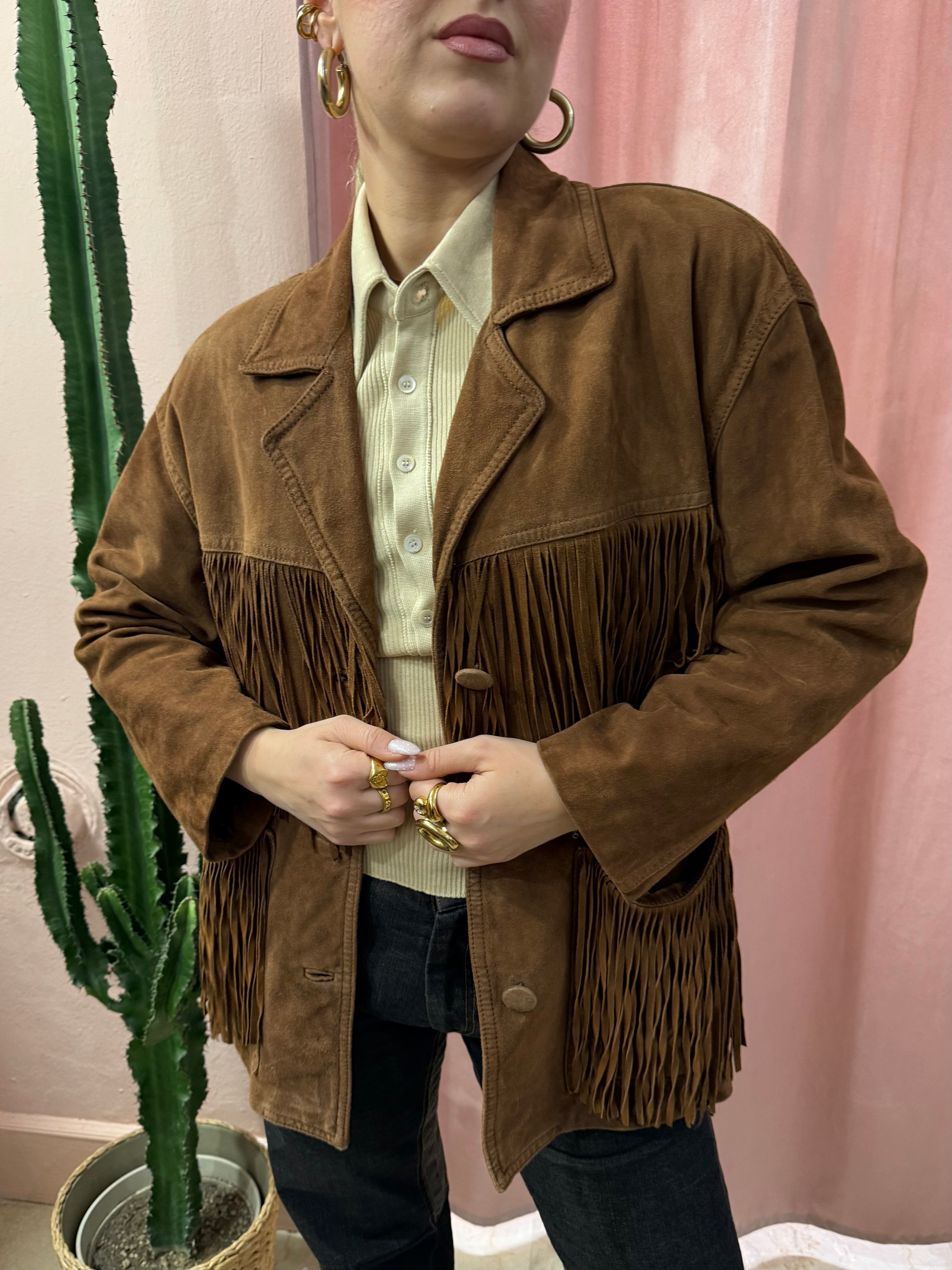 Giacca in vera pelle scamosciata con frange