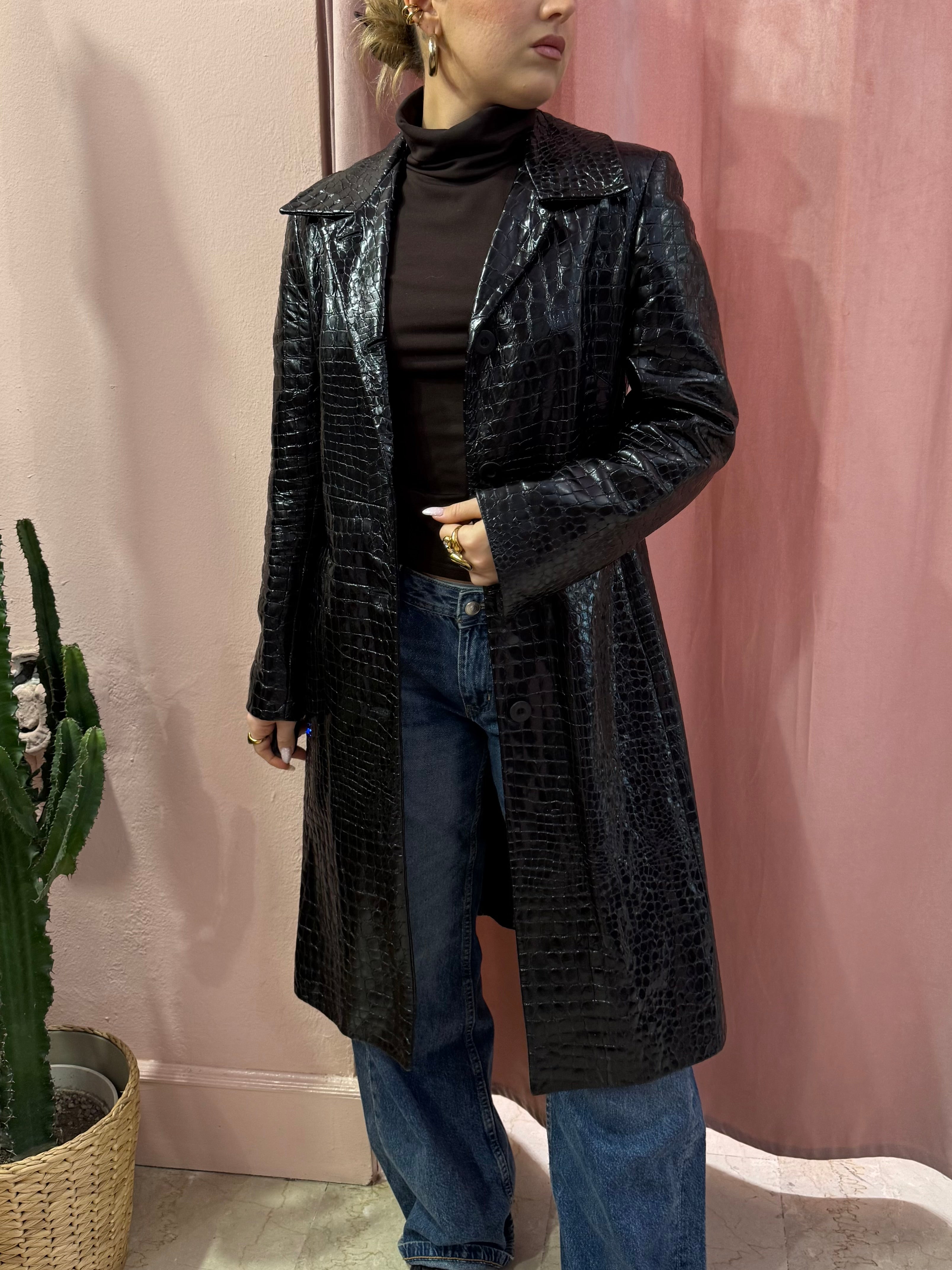 Trench in pelle nero stampa cocco