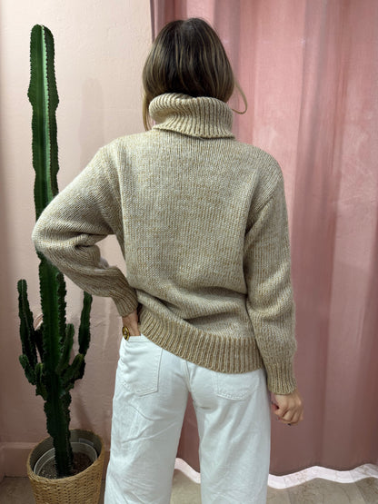 Maglione vintage collo alto in lana con ricami