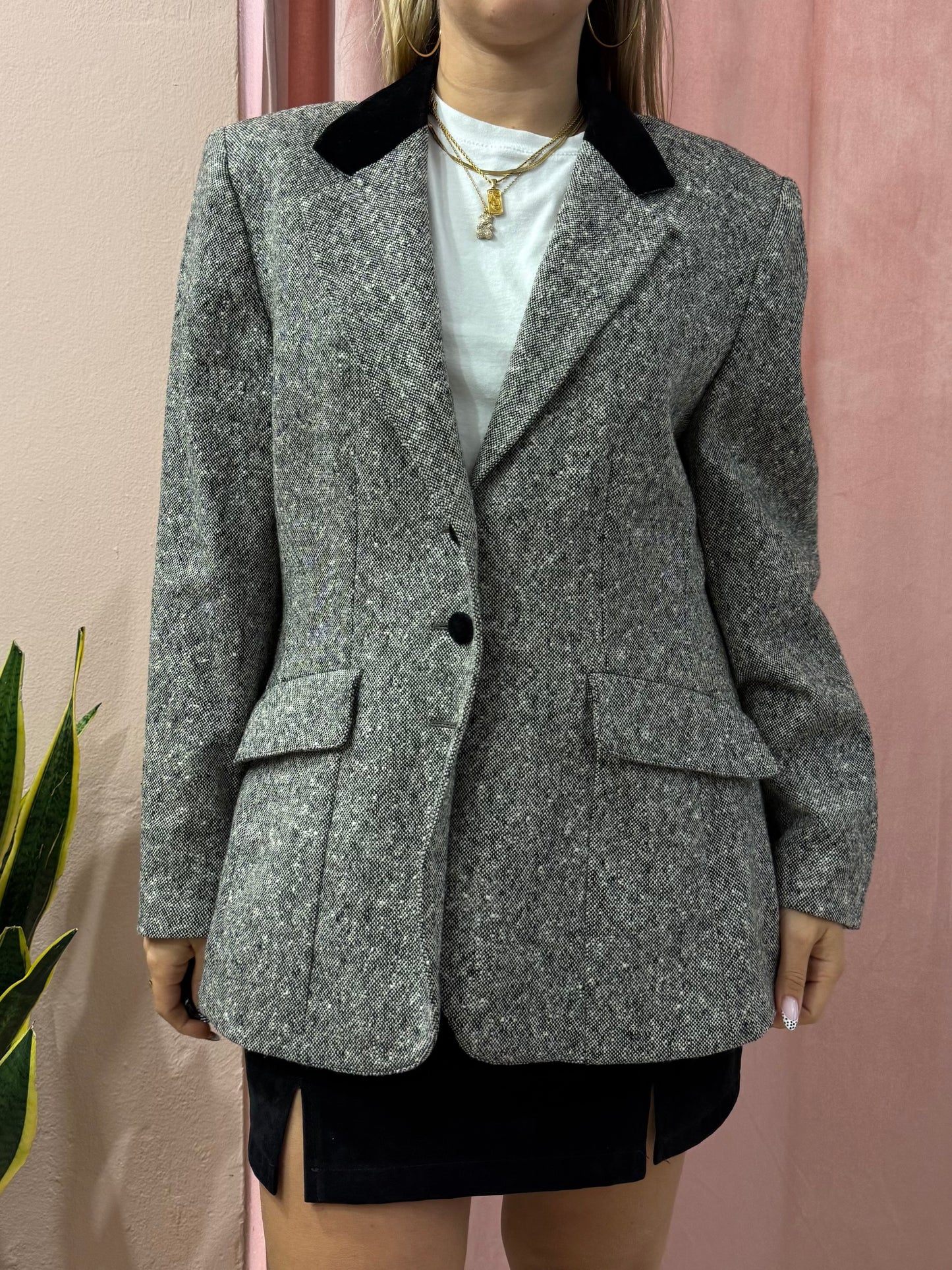 Blazer mélange dettaglio collo in velluto nero