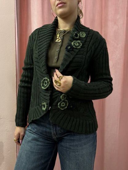 Cardigan verde 00s applicazioni fiori