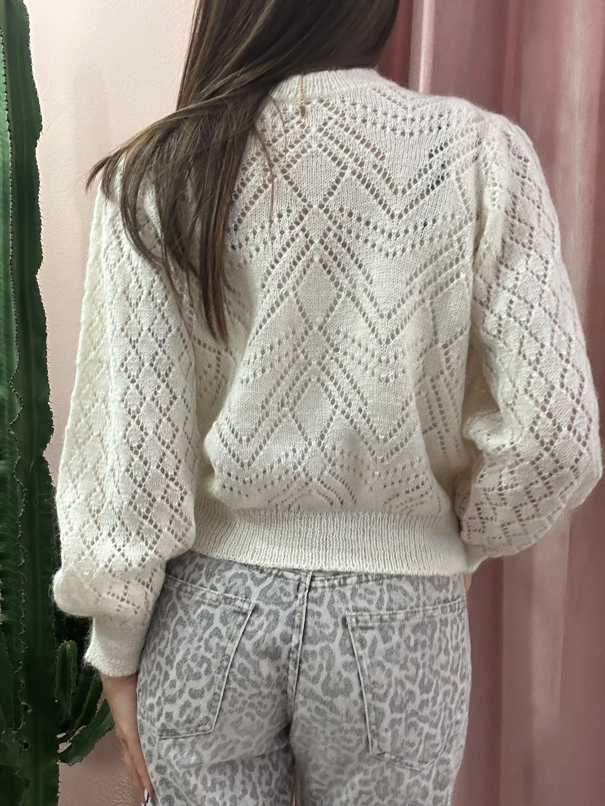 Cardigan vintage panna traforato in lana