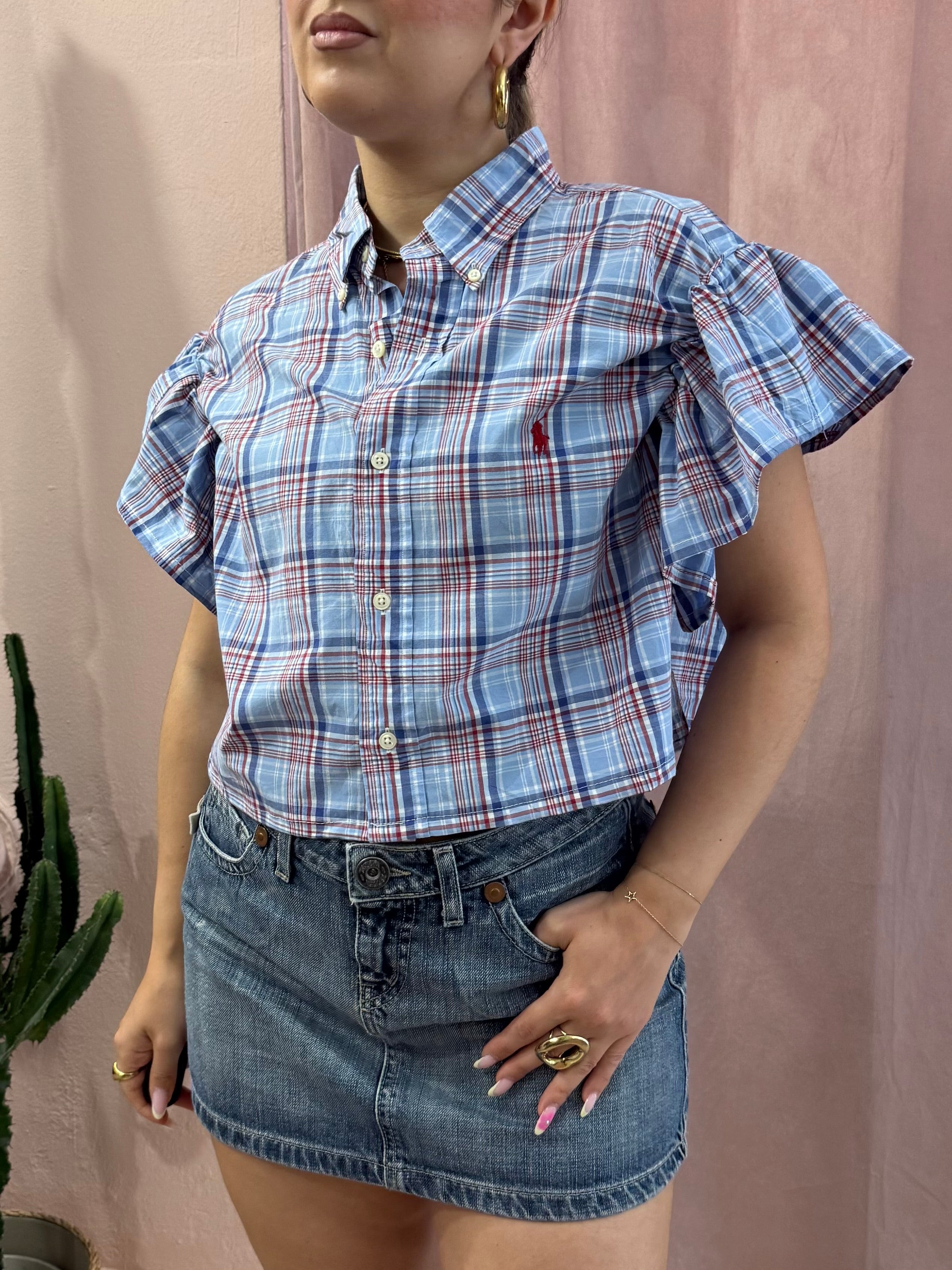 Camicia Ralph Lauren upcycling volant quadri azzurra
