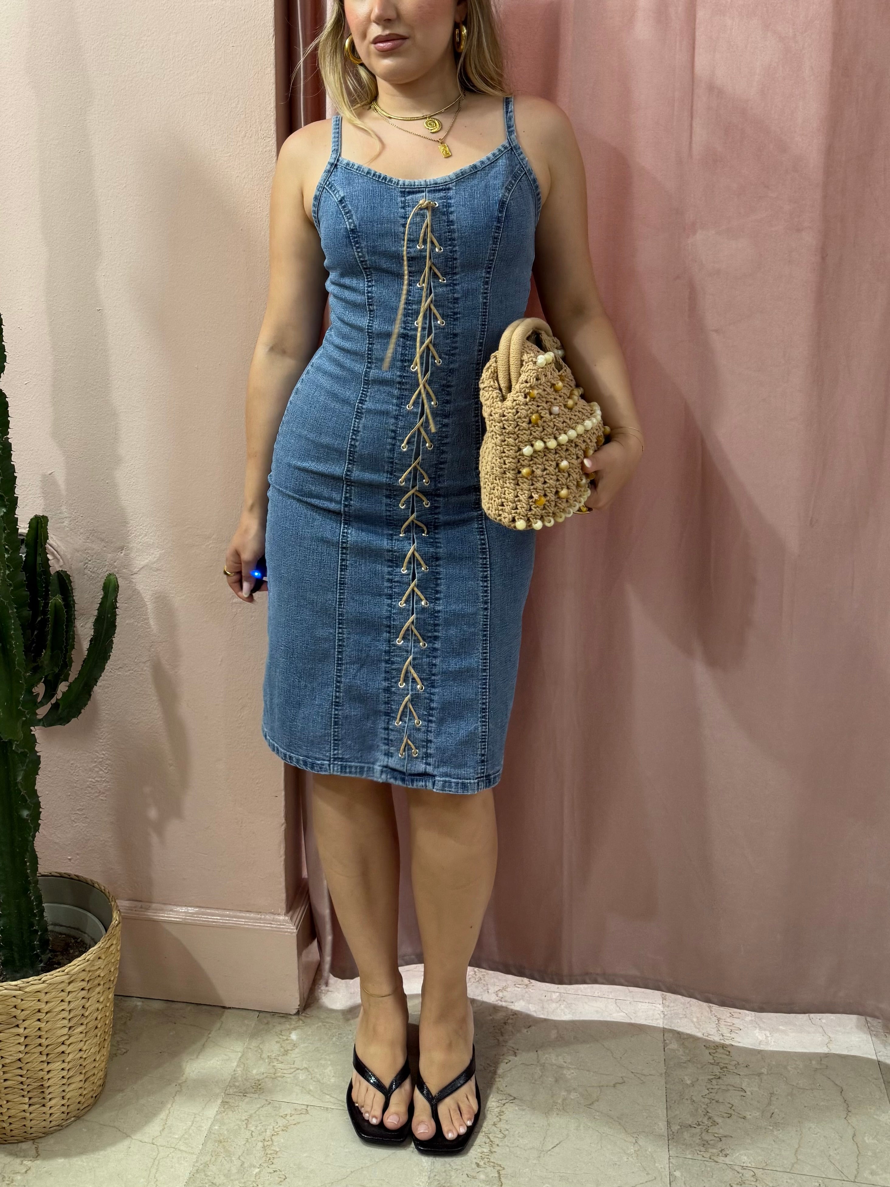Vestito 00s in denim con intreccio sul davanti