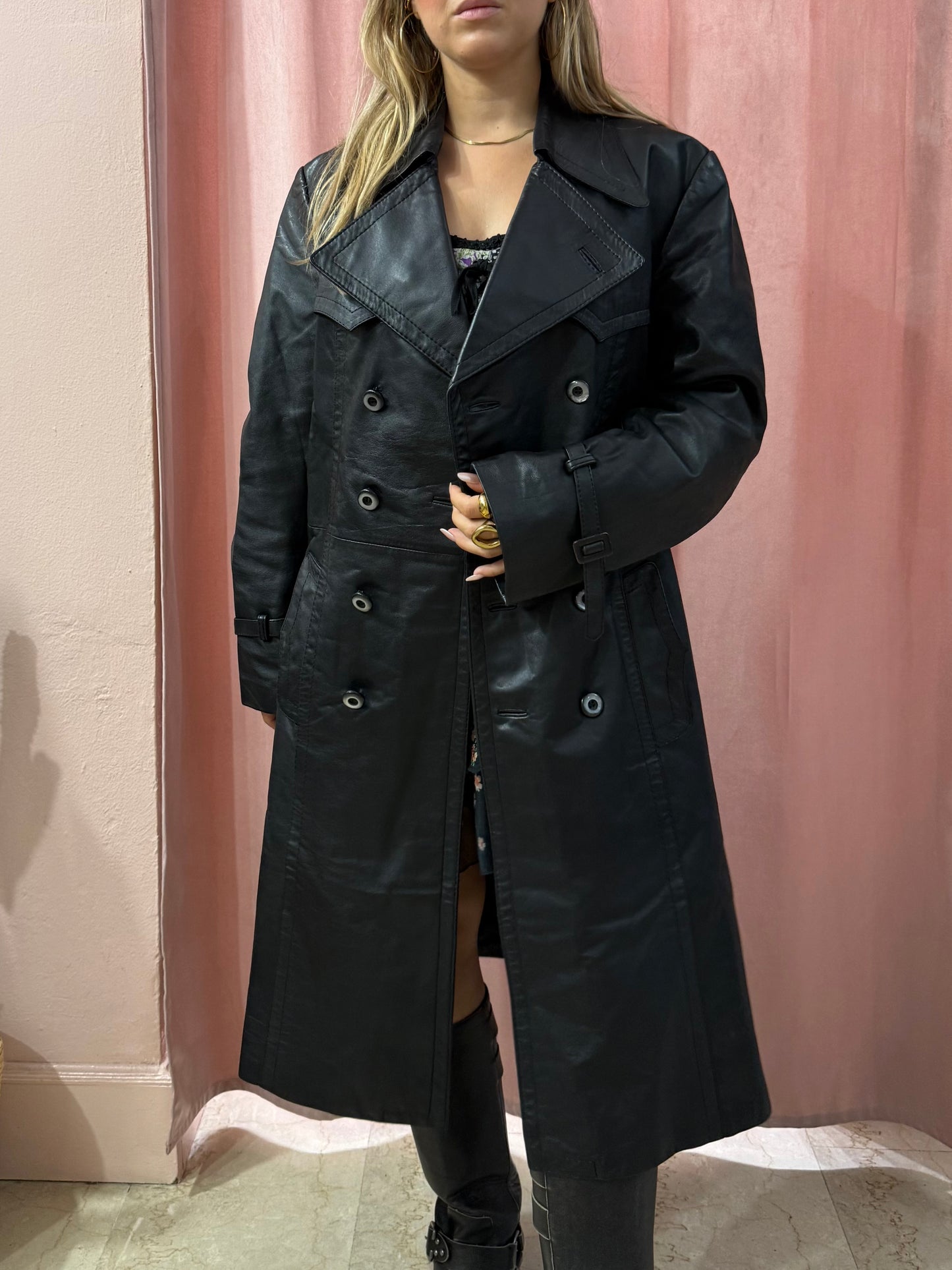 Trench lungo in vera pelle nero