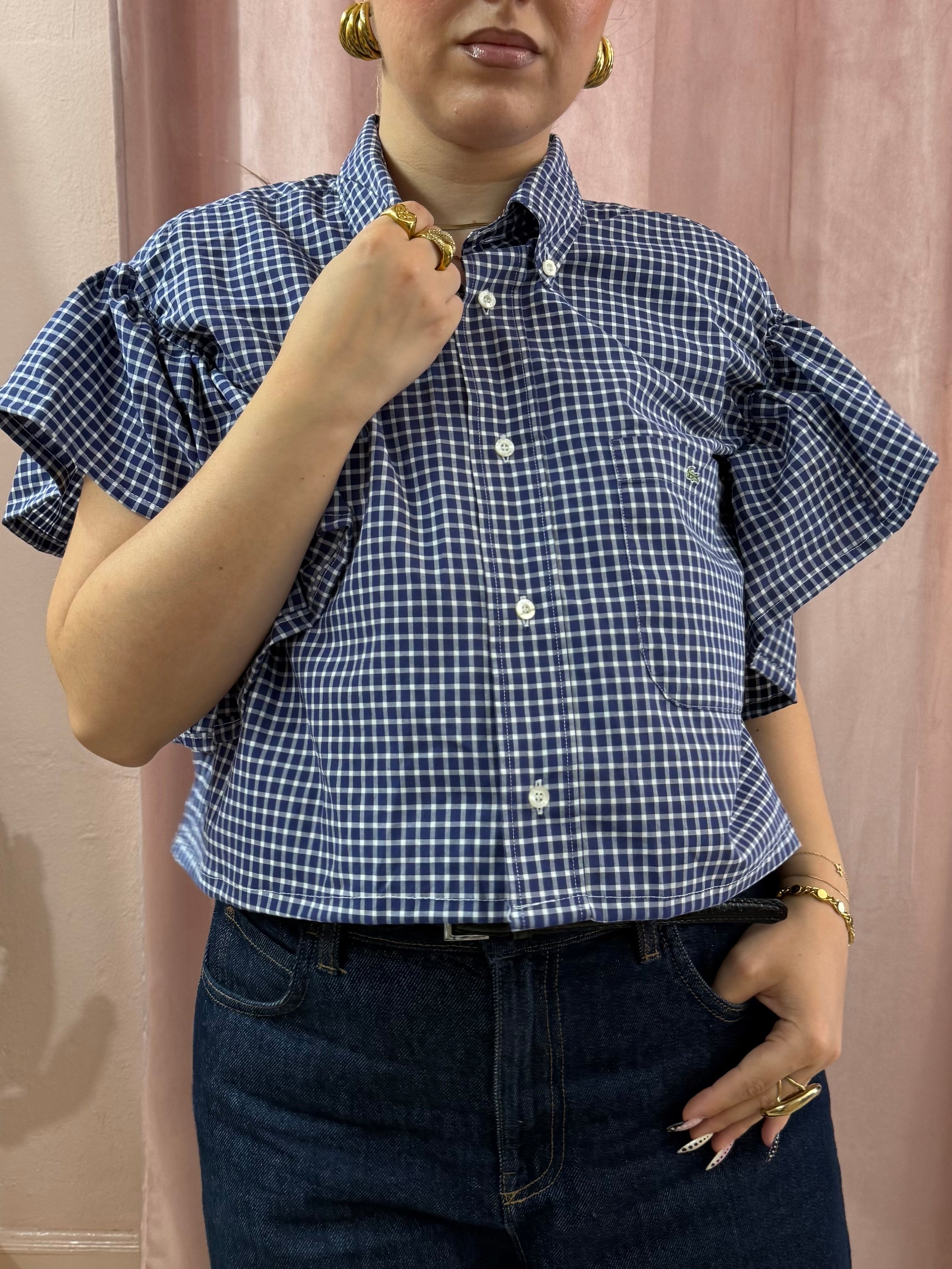 Camicia Lacoste upcycling volant blu a quadretti
