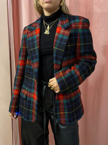Blazer tartan in lana sul blu