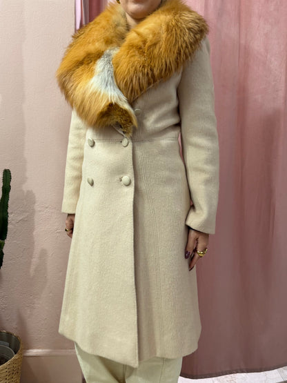Cappotto panna con collo in pelliccia vera